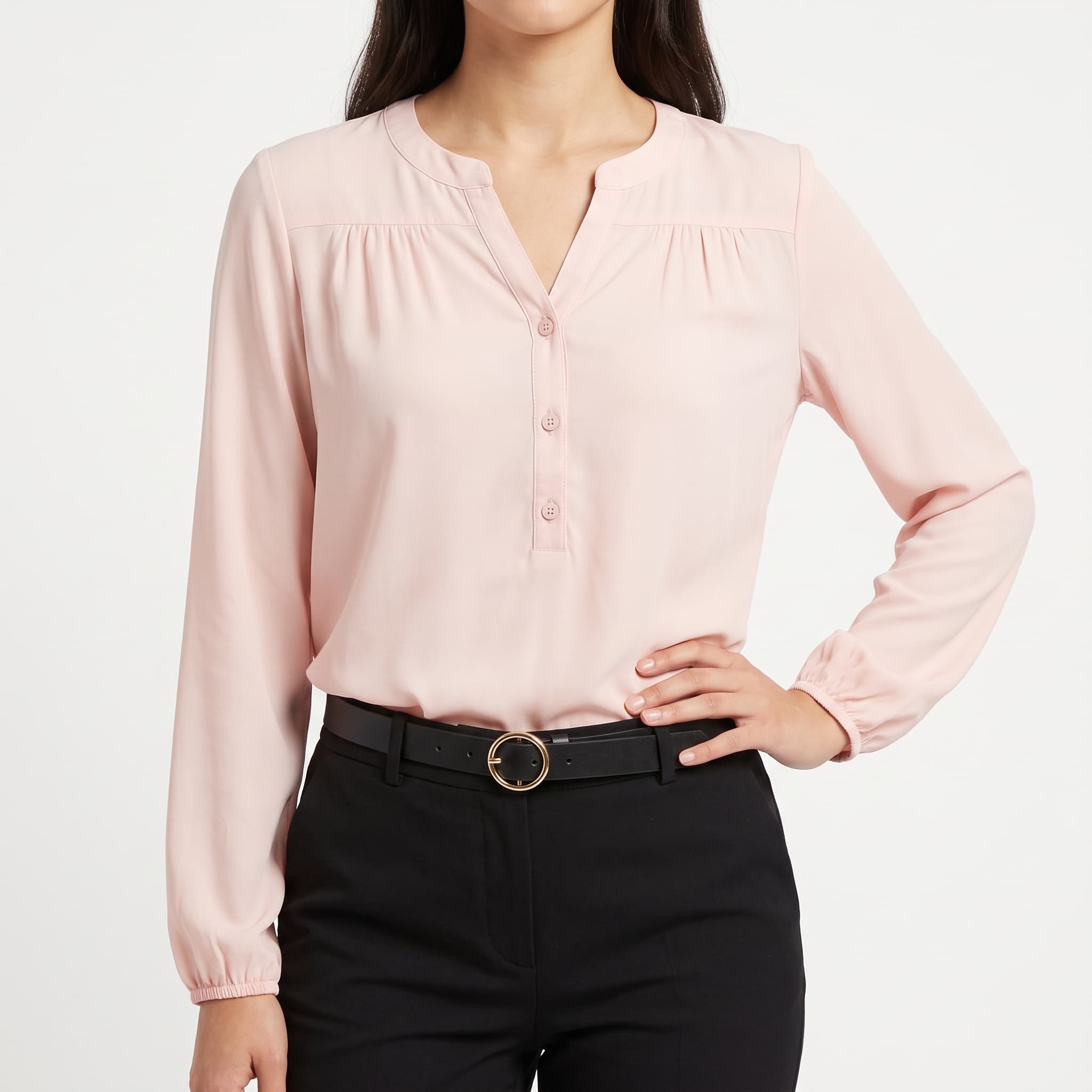 Women's Solid Pastel Pink Henley Blouse – Long Sleeve Casual Office Top