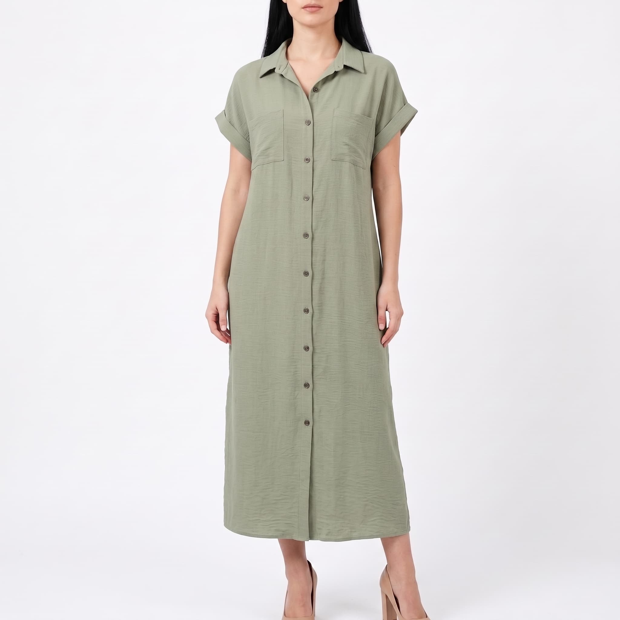 Women's Casual Sage Green Midi Shirt Dress – Short Roll-Sleeve Full Button-Down Utility Dress with Pockets