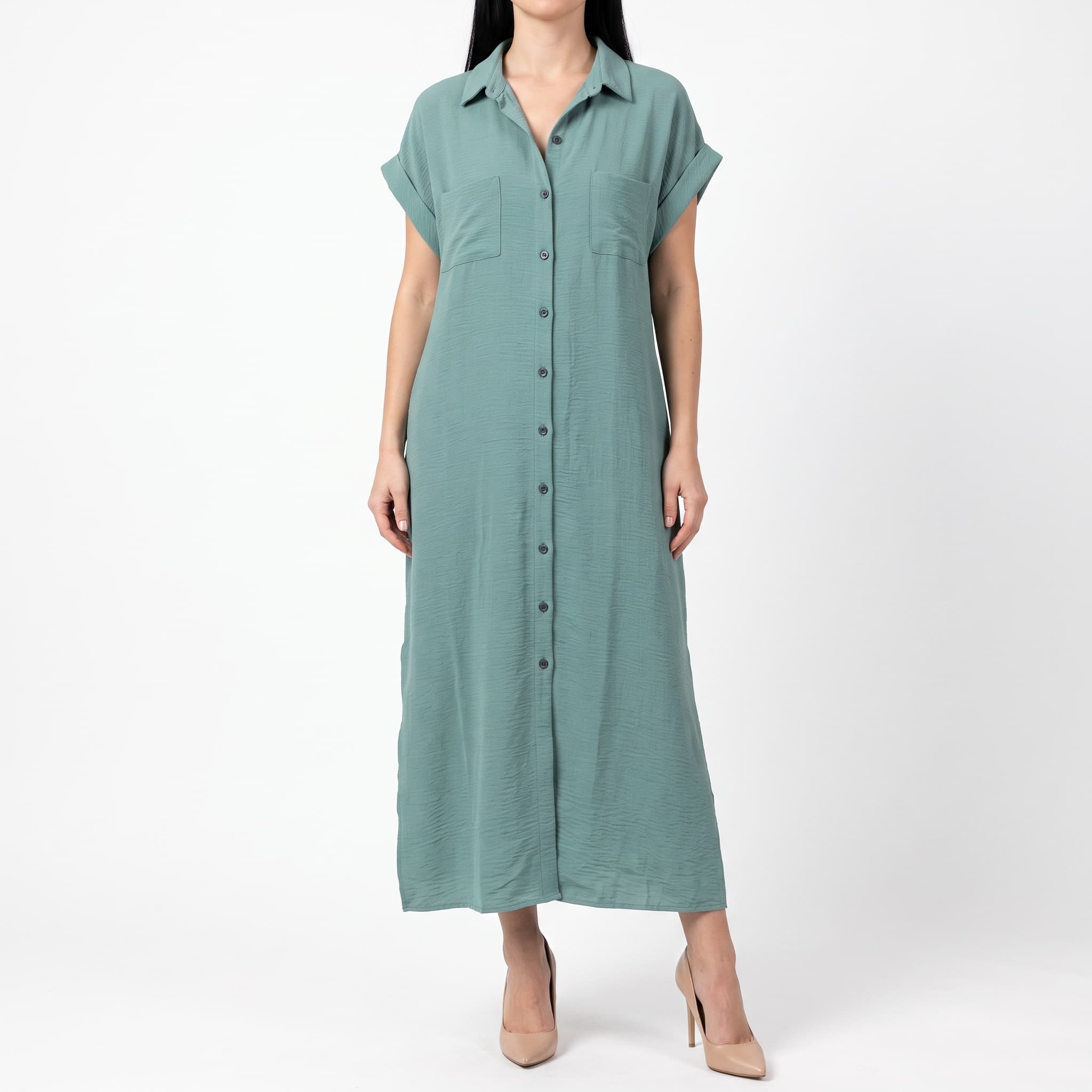 Women's Casual Teal Sage Midi Shirt Dress – Short Roll-Sleeve Full Button-Down Utility Dress with Pockets