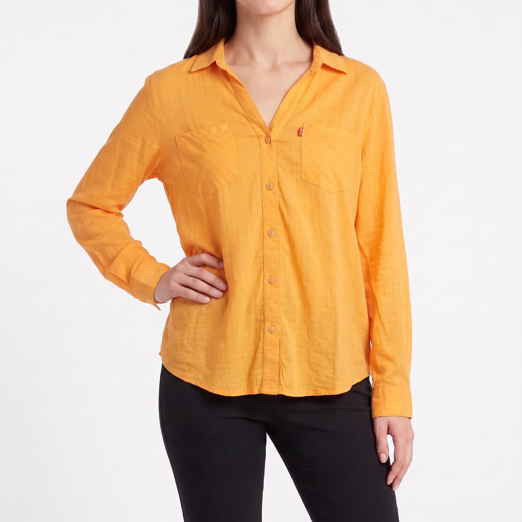 Women's Solid Marigold Orange Shirt – Lightweight Long Sleeve Double Pocket Blouse