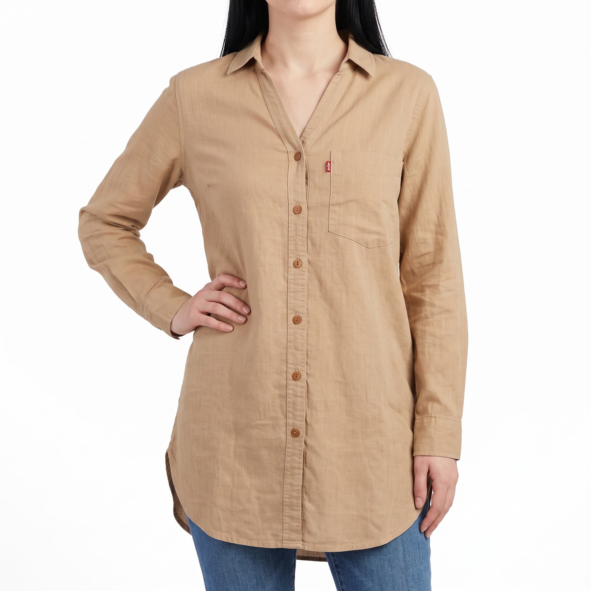 Women's Solid Tan Beige Utility Tunic – Lightweight Long Sleeve Single Pocket Shirt Dress