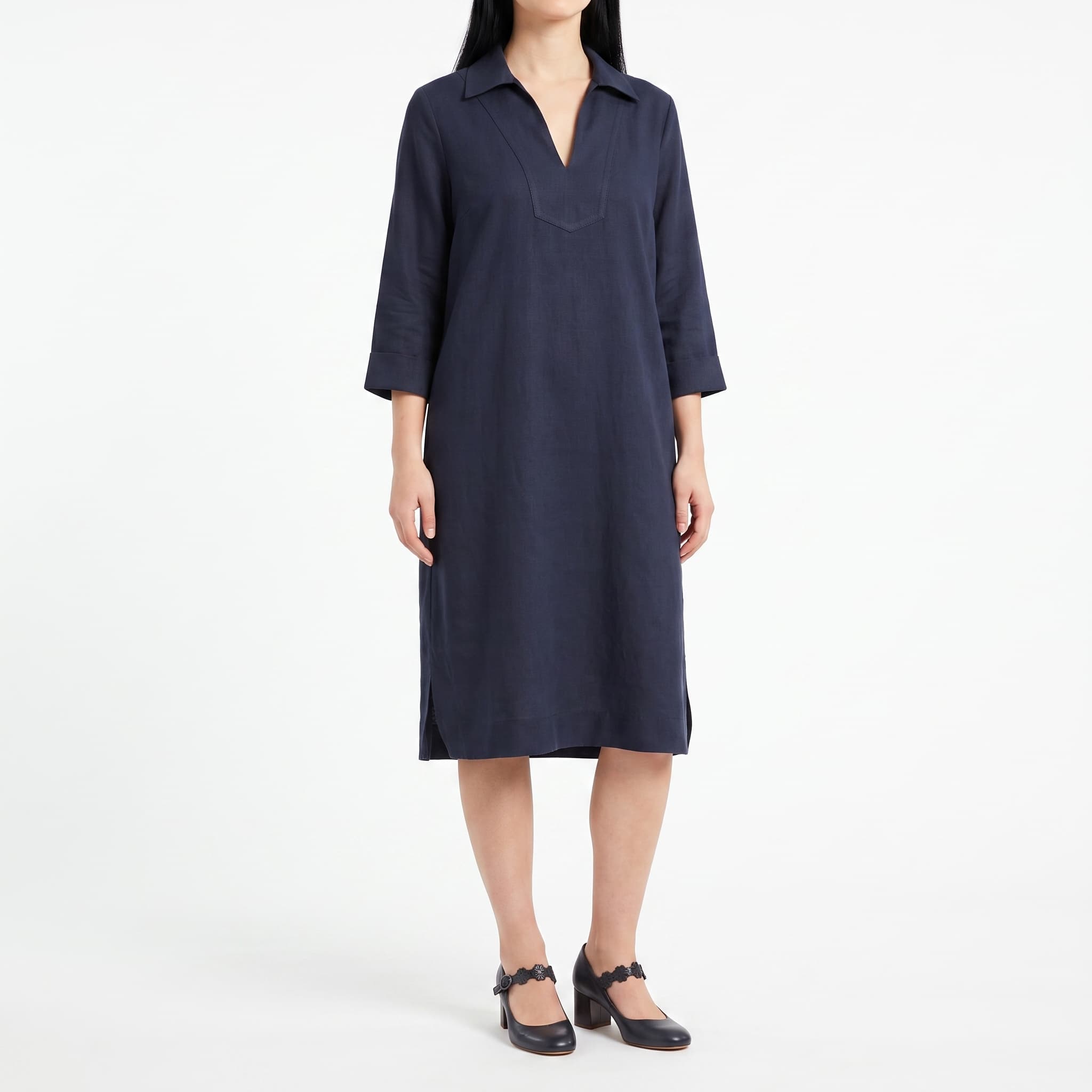 Women's Navy Blue V-Neck Tunic Shift Dress – 3/4 Length Sleeve Linen Blend Midi Dress with Collar