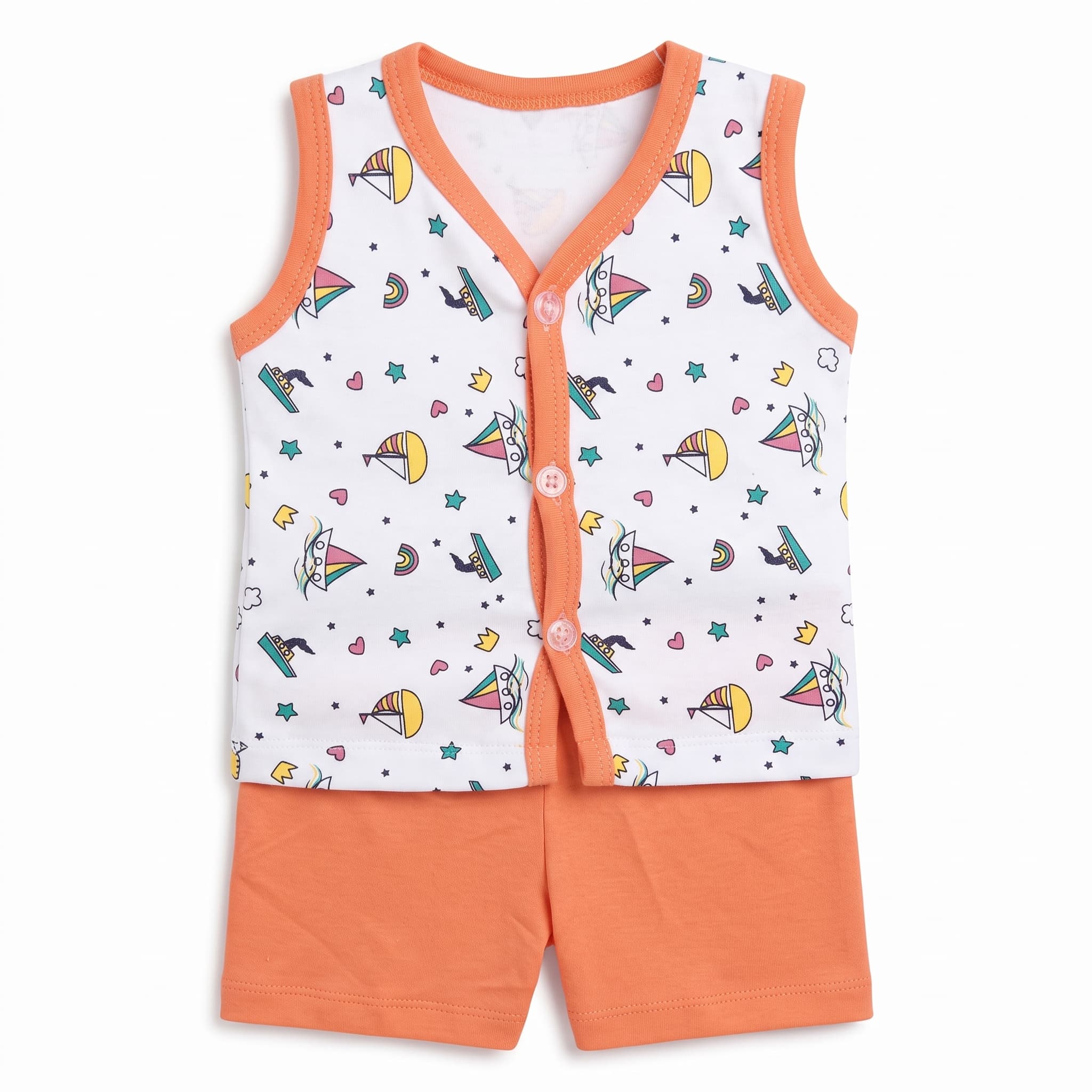 Baby Boy's White & Orange Sailboat Print Vest Set – Sleeveless Cotton Two-Piece Infant Summer Outfit