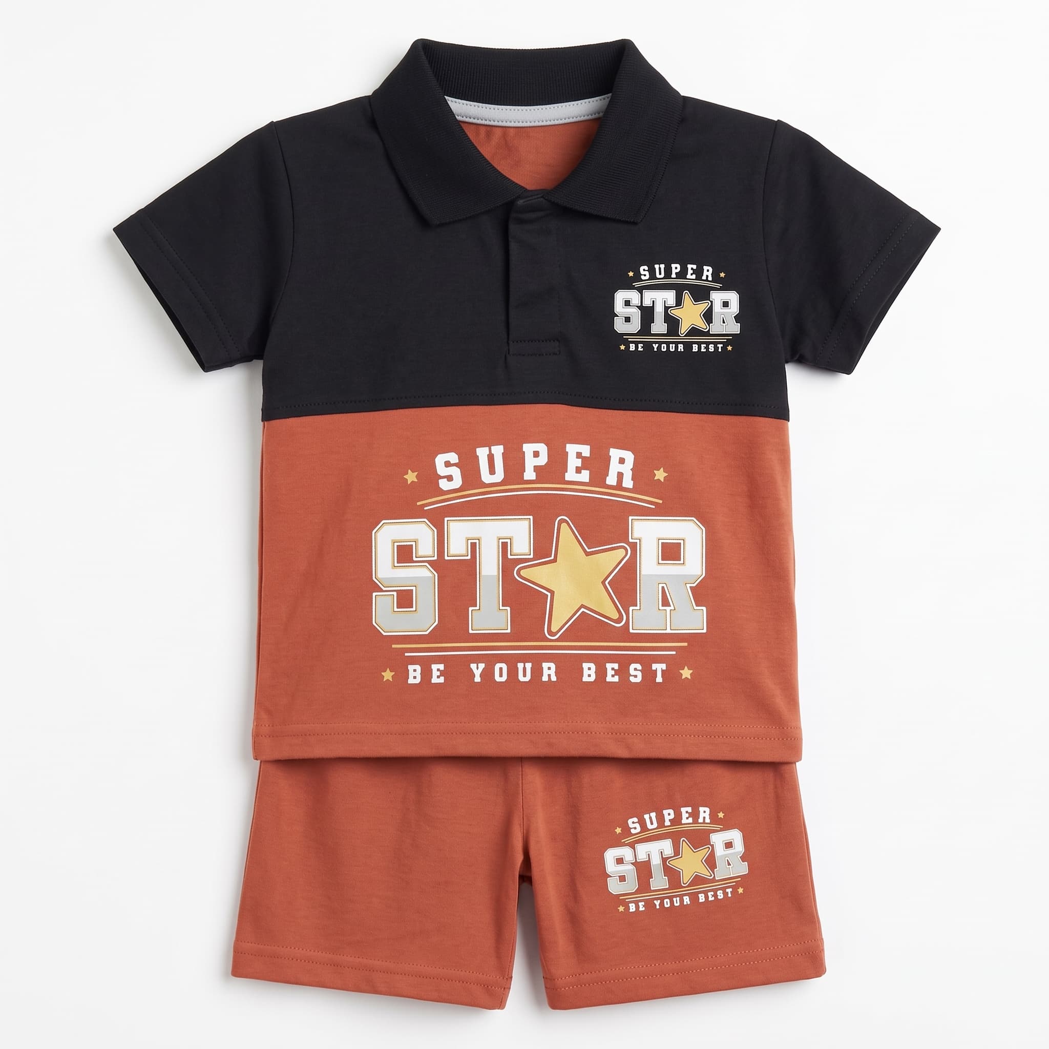 Baby Boy's Rust & Black "SUPER STAR" Polo Vest Set – Short Sleeve Cotton Two-Piece Infant Summer Outfit