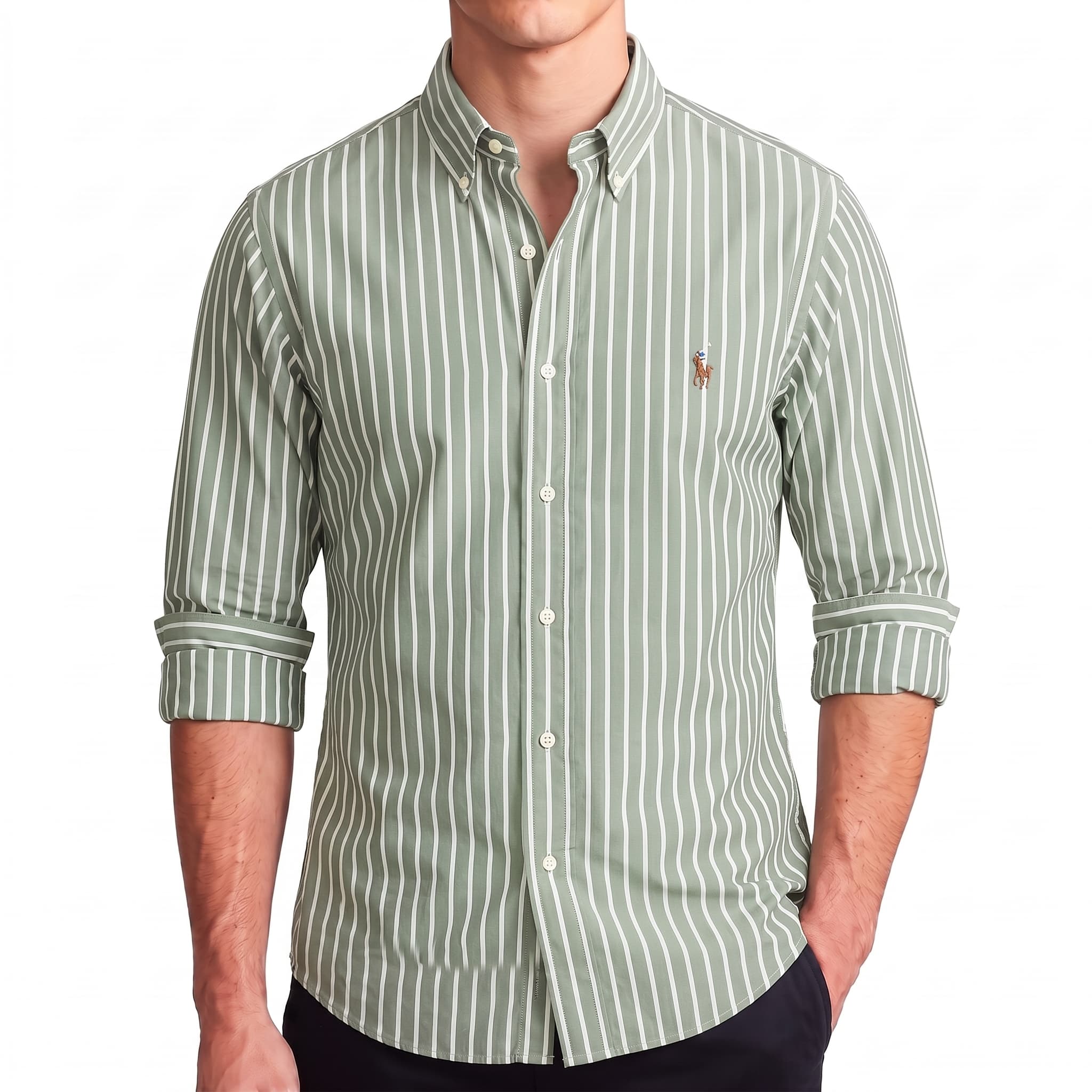 Men's Premium Long Sleeve Vertical Striped Cotton Oxford Button-Down Casual Shirt (Slim-Fit)