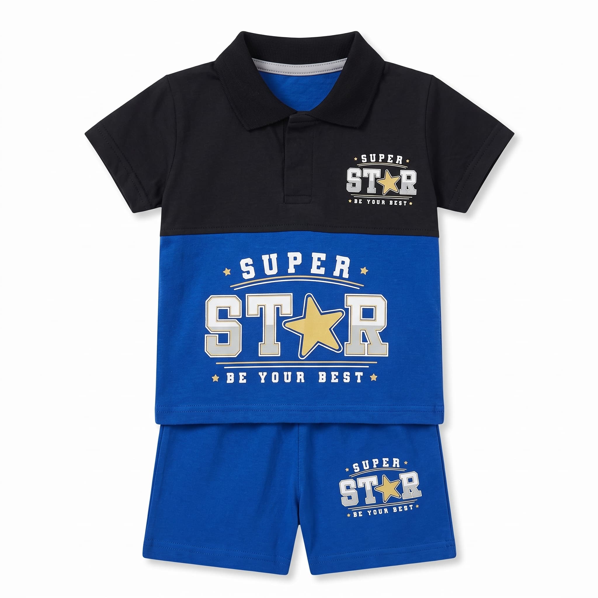 Baby Boy's Blue & Black "SUPER STAR" Polo Vest Set – Short Sleeve Cotton Two-Piece Infant Summer Outfit