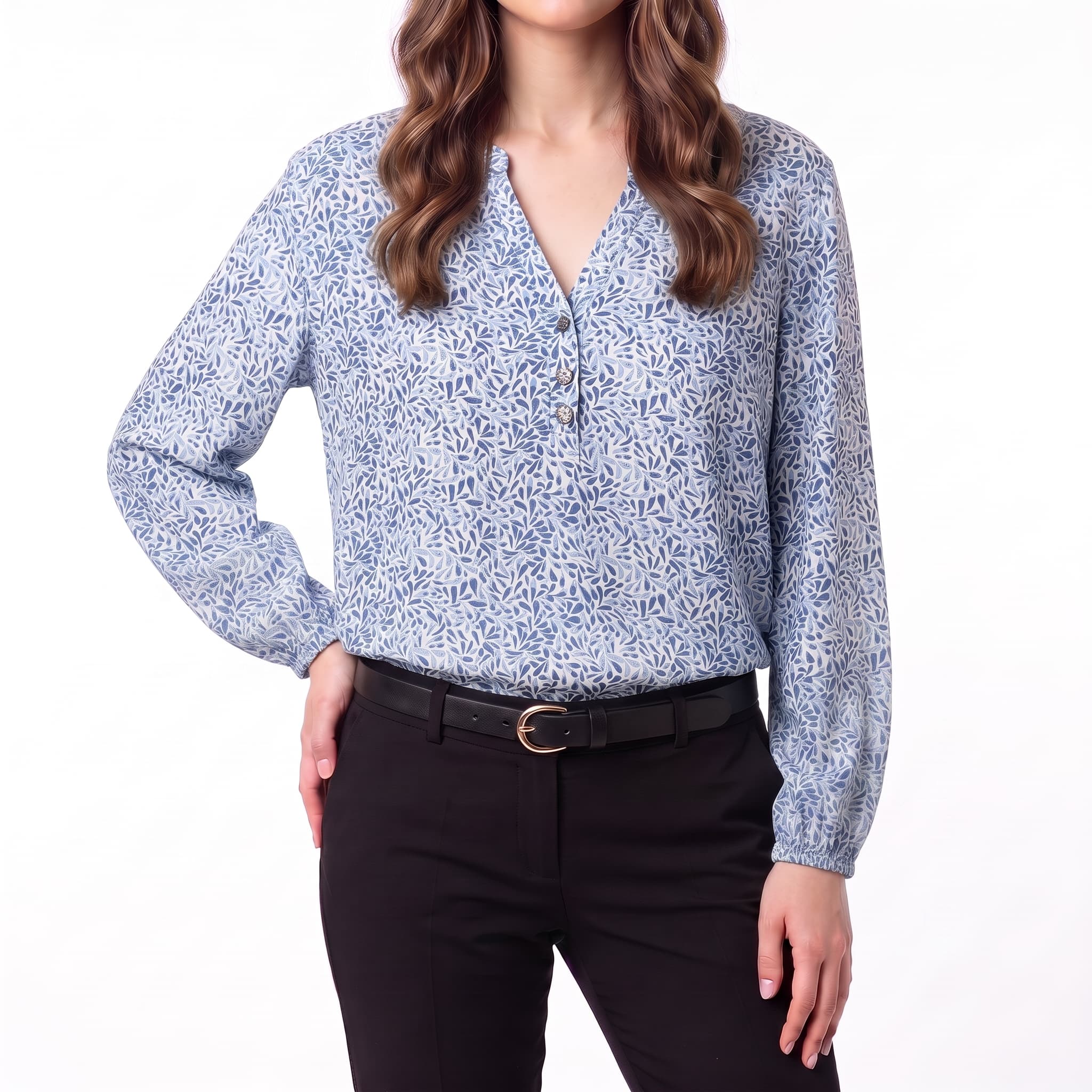 Women's Blue Abstract Leaf Print Henley Blouse – Long Sleeve Casual Tunic Top