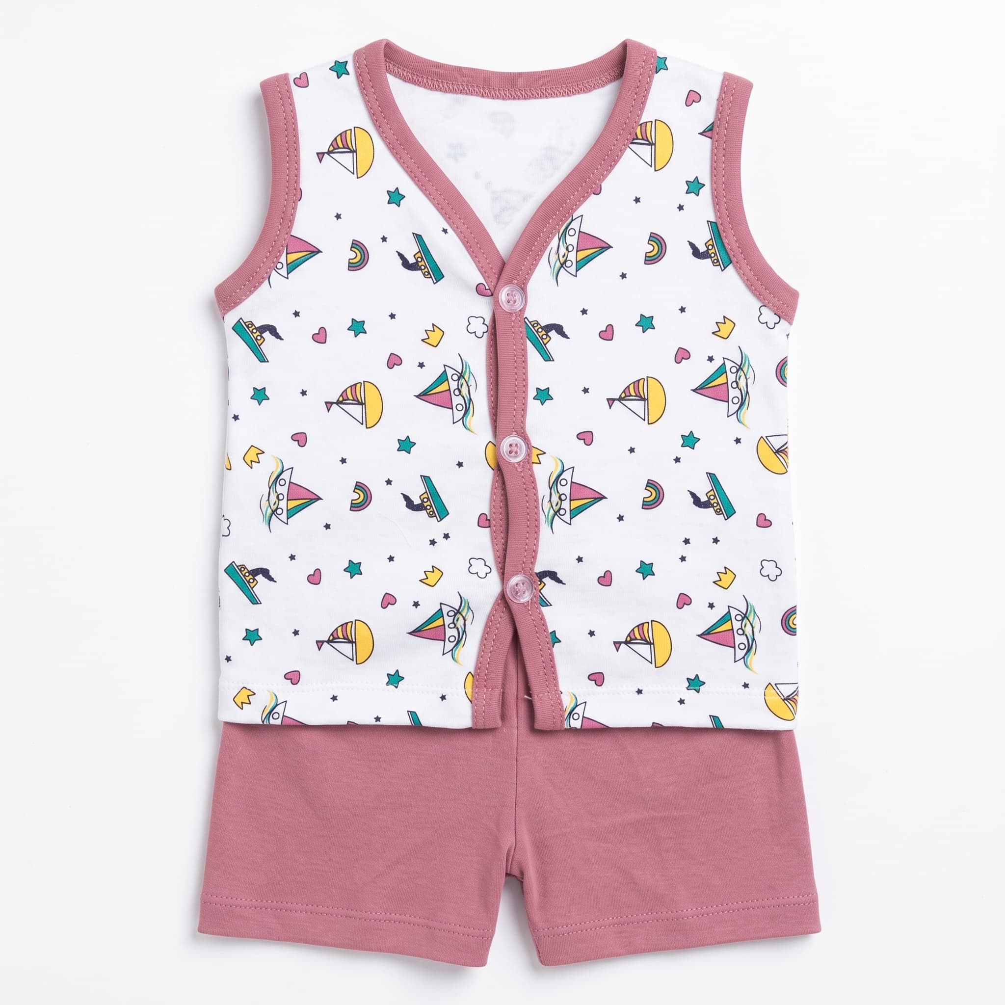 Baby's Dusty Rose & White Sailboat Print Vest Set – Sleeveless Cotton Two-Piece Infant Summer Outfit
