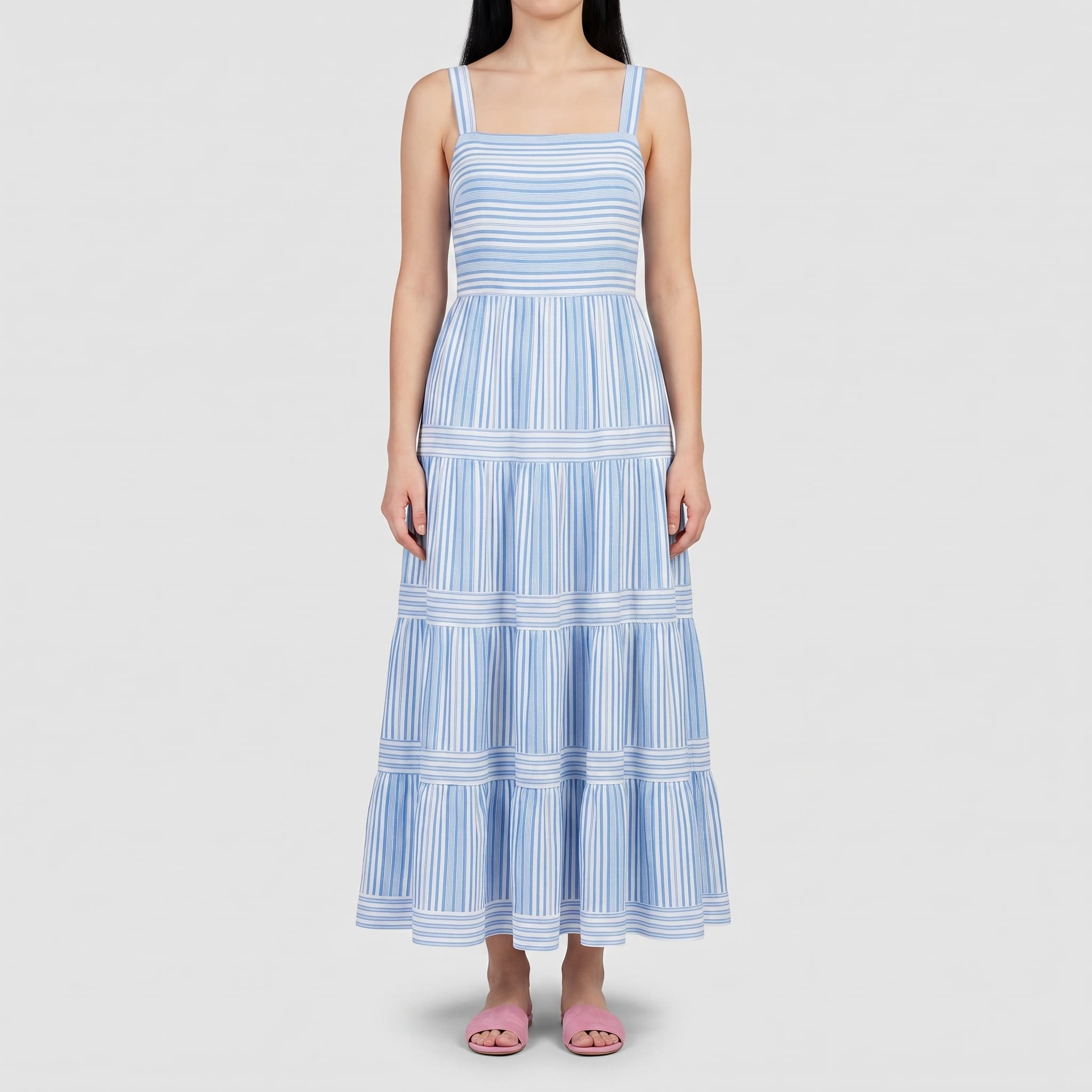 Women's Blue & White Striped Tiered Maxi Dress – Square Neck Sleeveless Summer Sundress