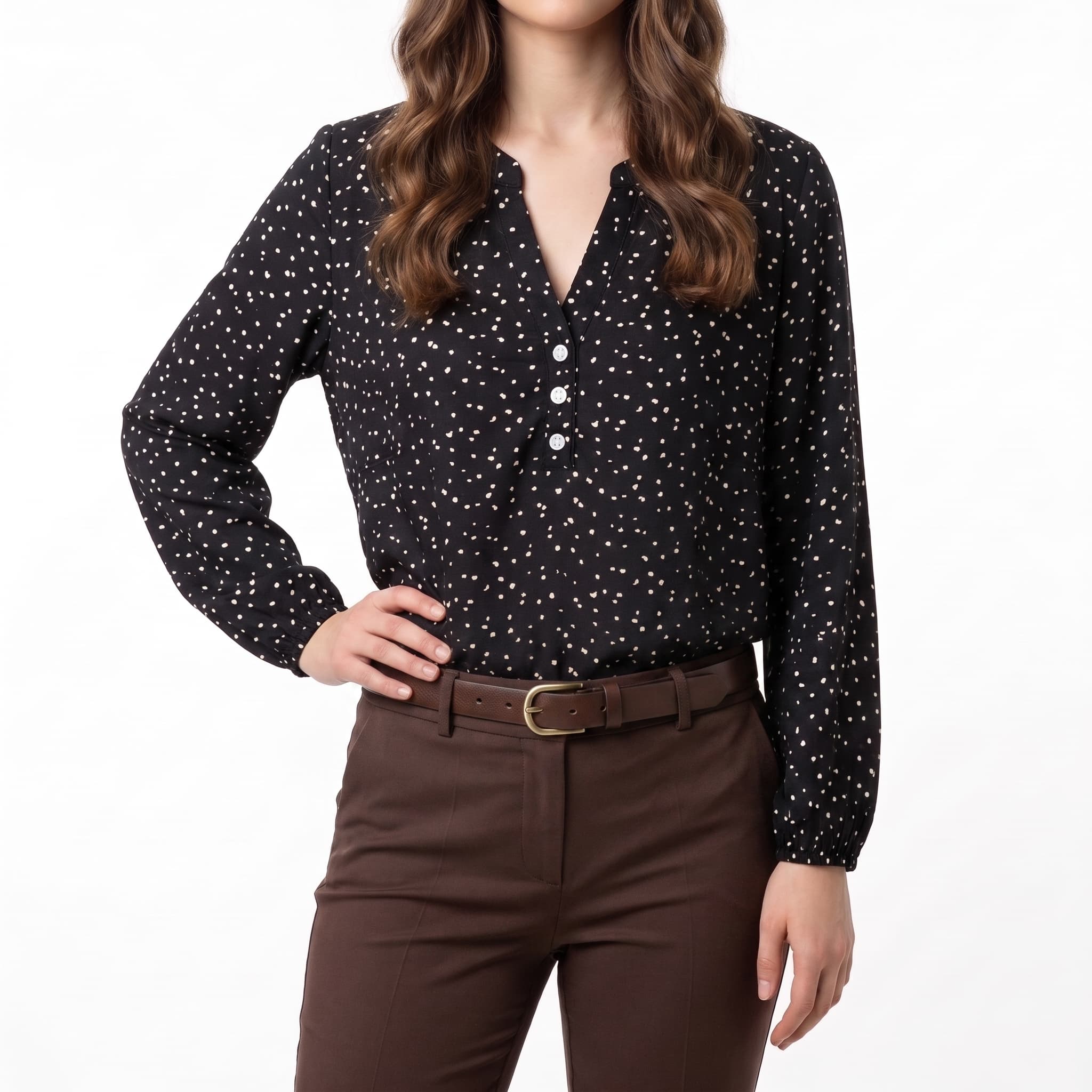 Women's Polka Dot Print Henley Blouse – 3/4 Sleeve Casual Office Top