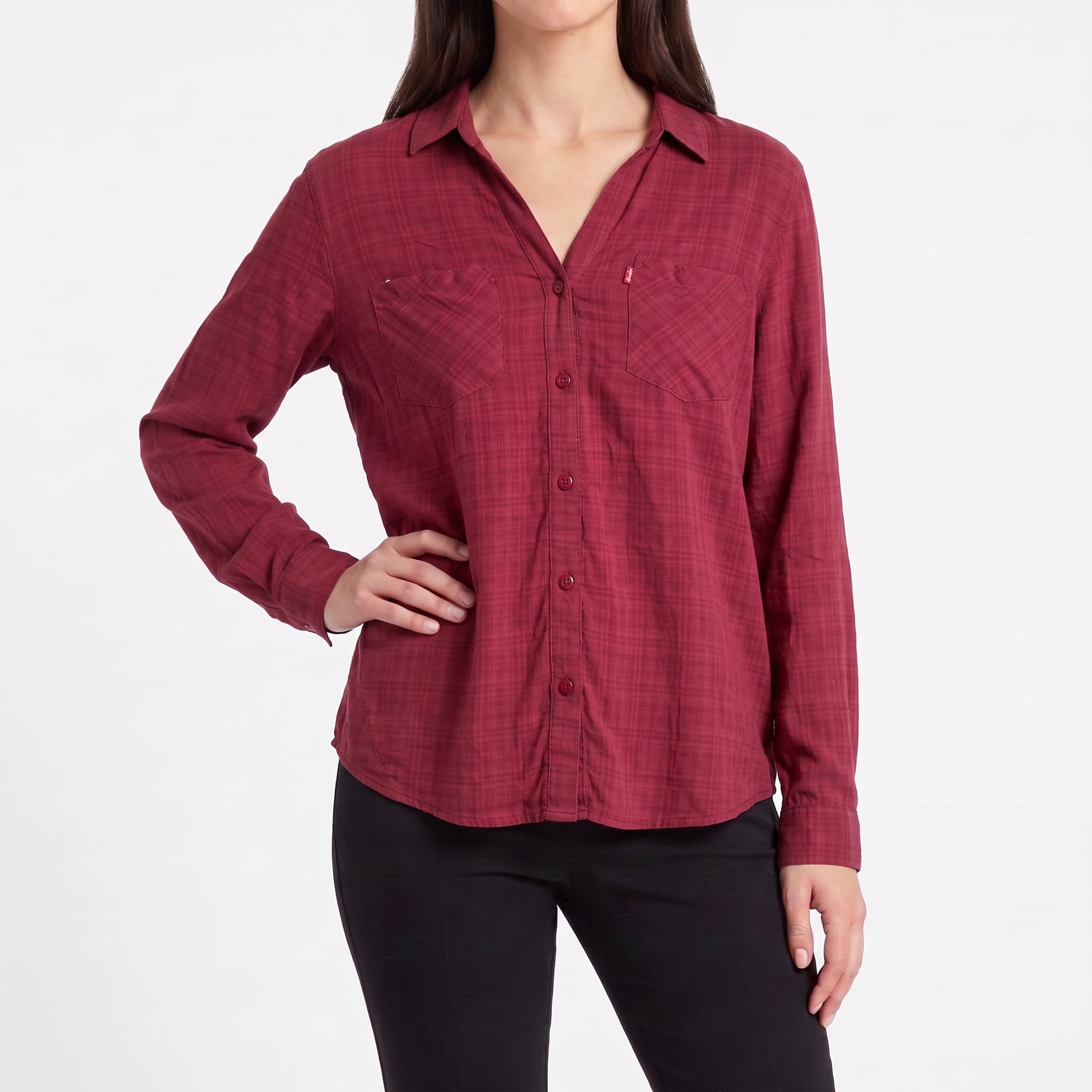 Women's Maroon Textured Utility Shirt – Lightweight Long Sleeve Double Pocket Blouse