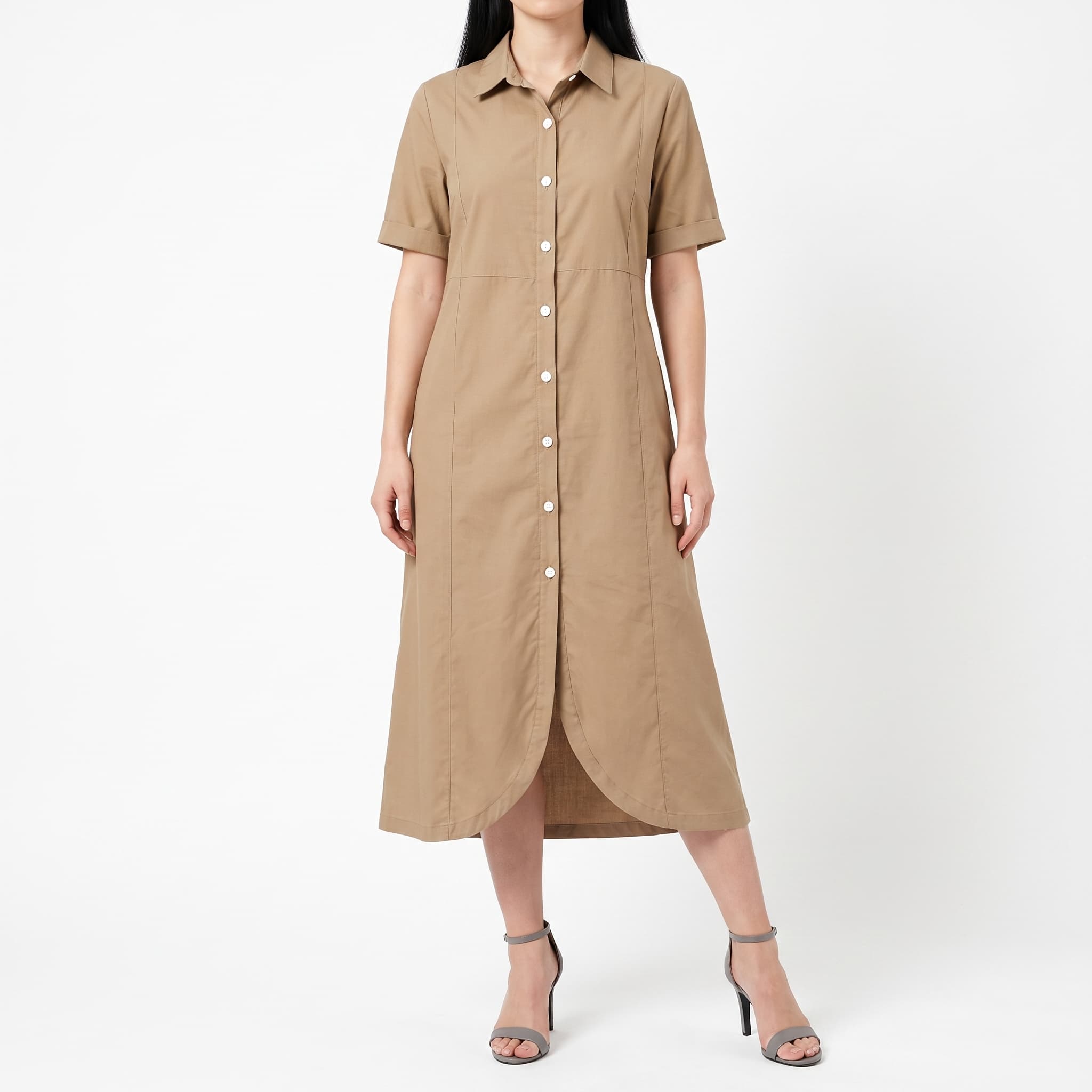 Women's Casual Khaki Beige Midi Shirt Dress – Short Sleeve Full Button-Down Panel Utility Tunic