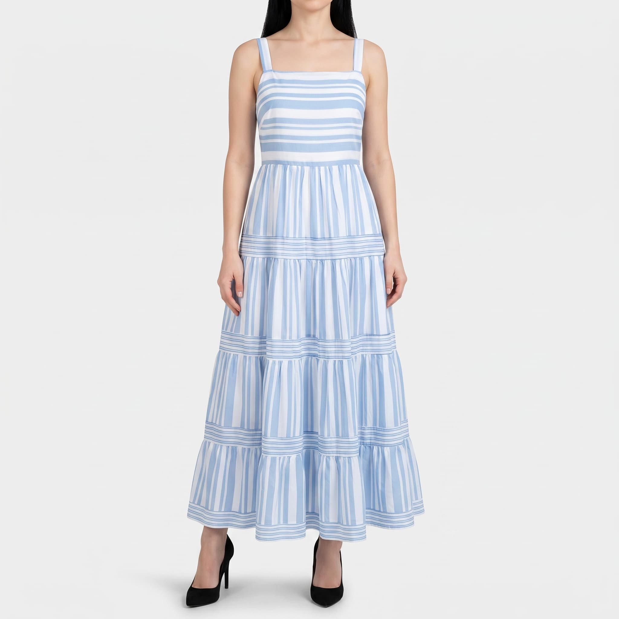 Women's Blue & White Striped Tiered Maxi Dress – Square Neck Sleeveless Summer Sundress