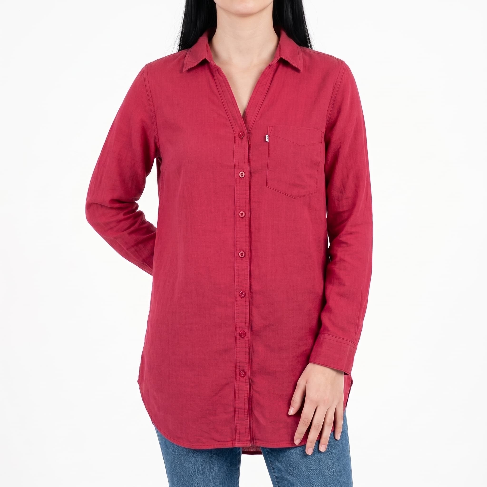 Women's Solid Crimson Red Utility Tunic – Lightweight Long Sleeve Single Pocket Shirt Dress