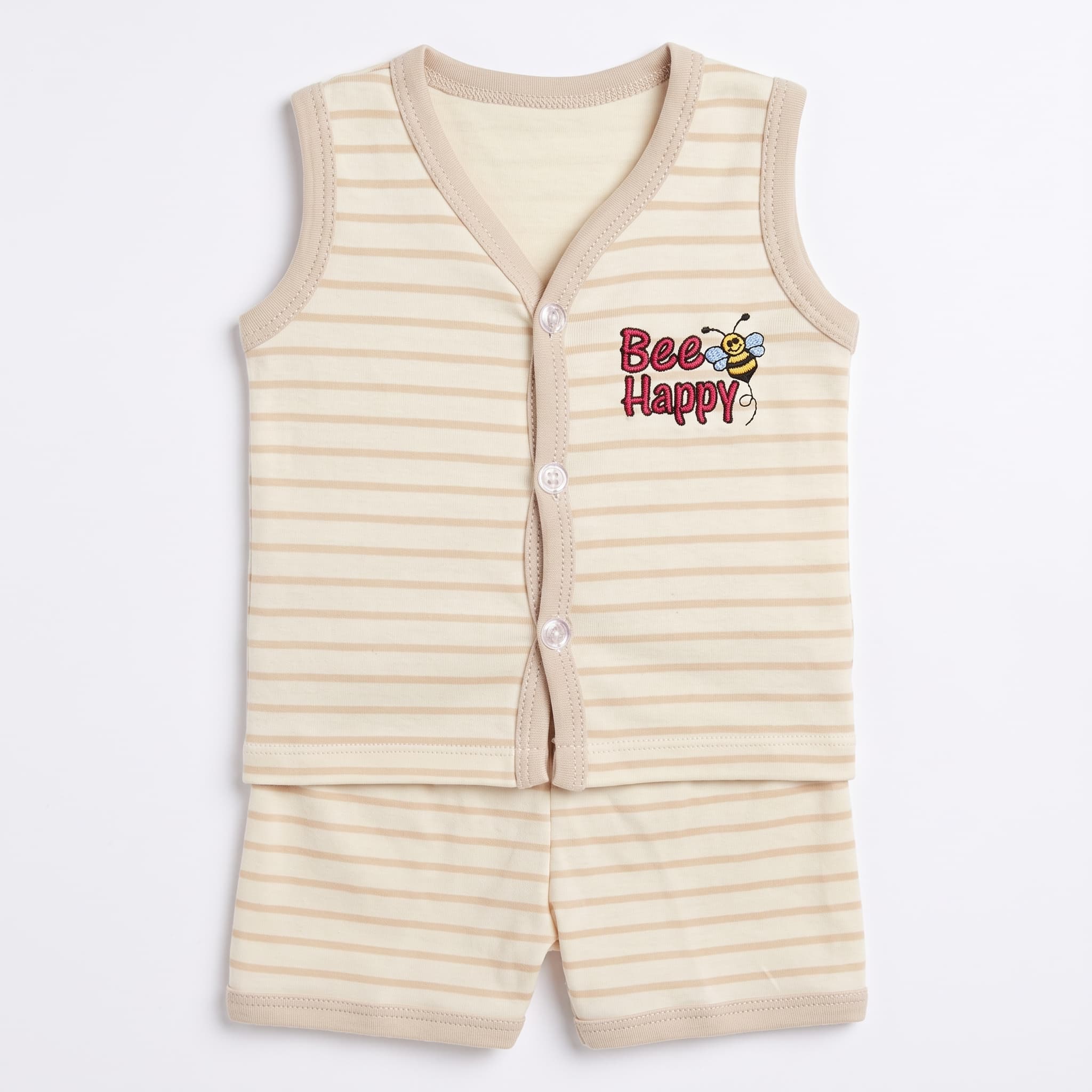 Baby's Cream & Light Brown Striped Vest Set – "Bee Happy" Cotton Sleeveless Two-Piece Summer Suit