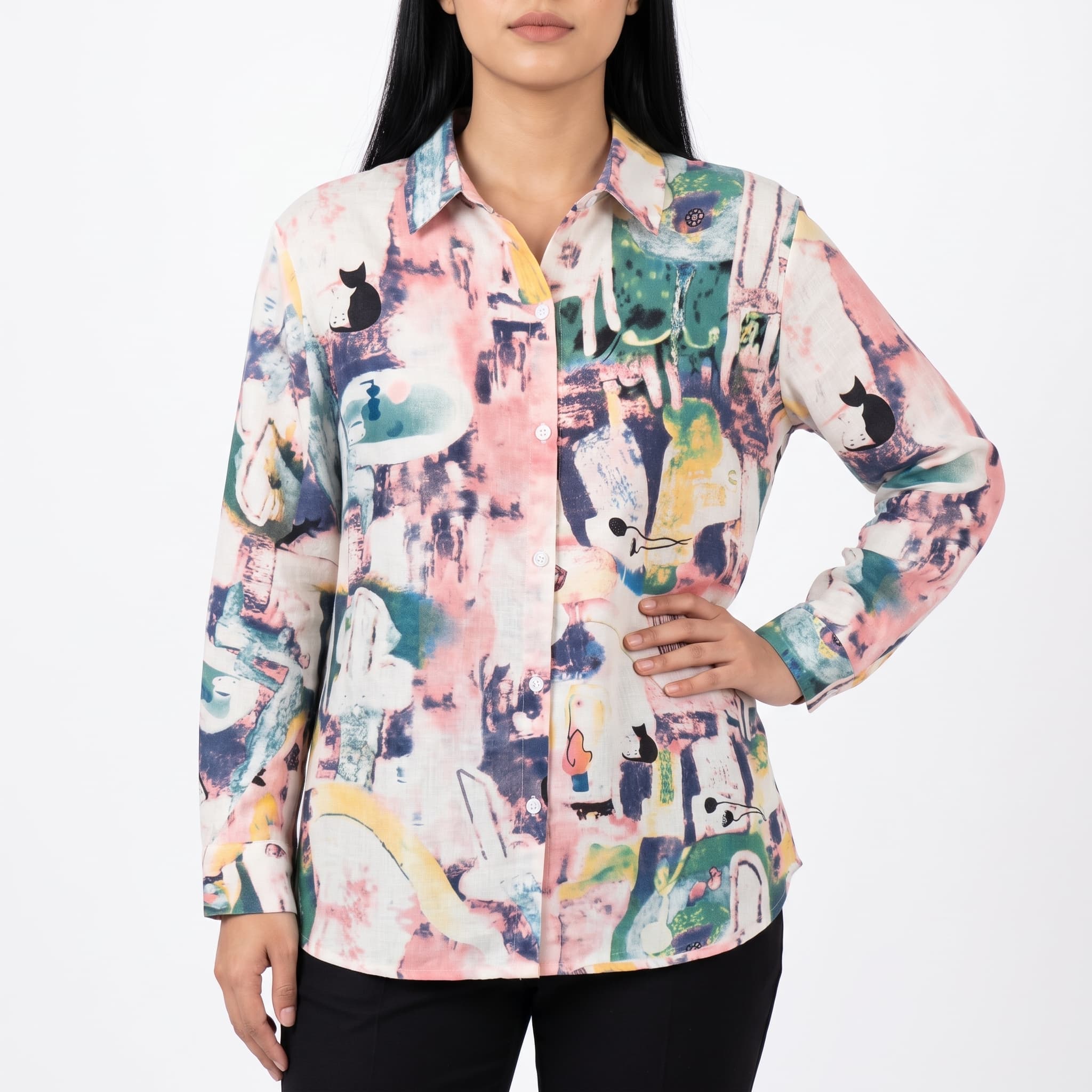 Women's Artistic Cat & Abstract Print Button-Down Shirt – Long Sleeve Quirky Linen-Look Blouse