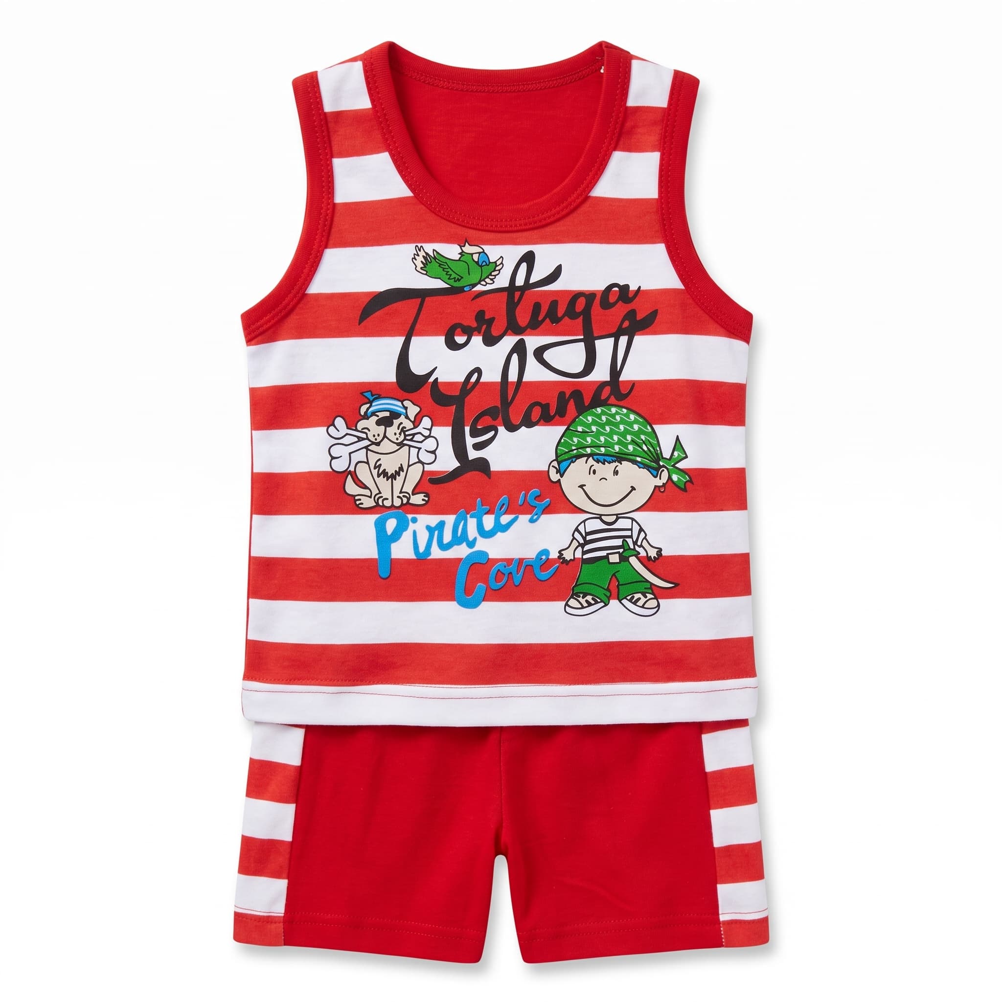Baby Boy's Red & White "Tortuga Island" Pirate Print Vest Set – Sleeveless Cotton Two-Piece Infant Summer Outfit