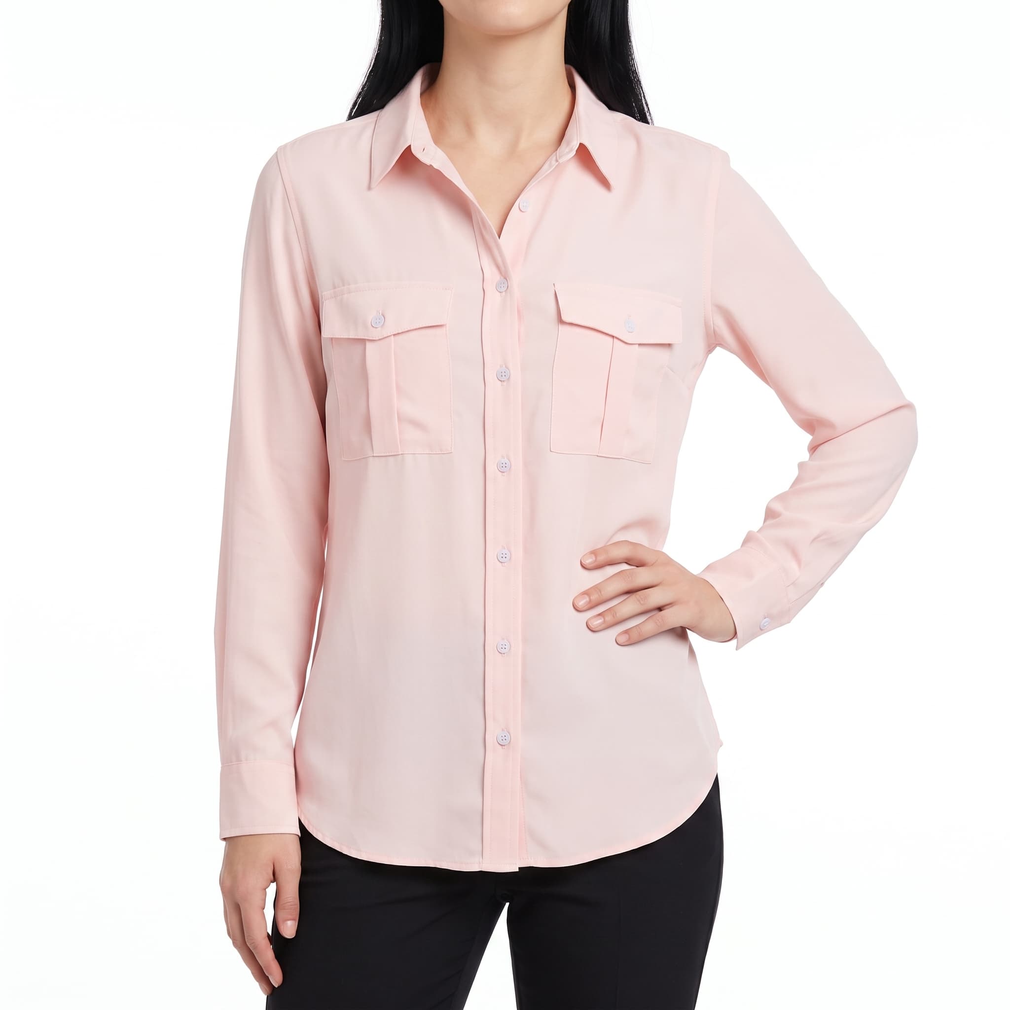 Women's Solid Pastel Blush Pink Utility Shirt – Long Sleeve Double Pocket Blouse