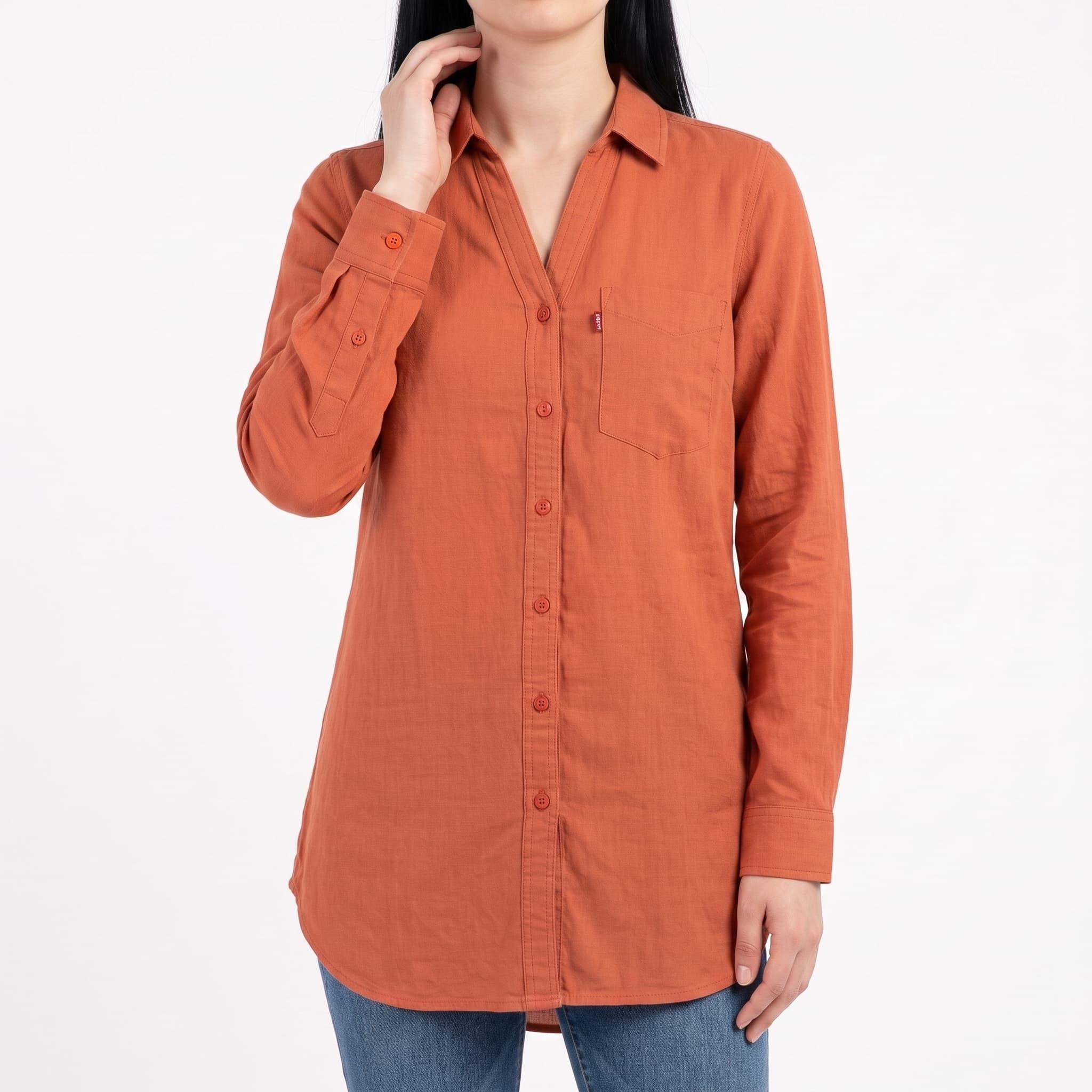 Women's Solid Terracotta Orange Utility Tunic – Lightweight Long Sleeve Single Pocket Shirt Dress