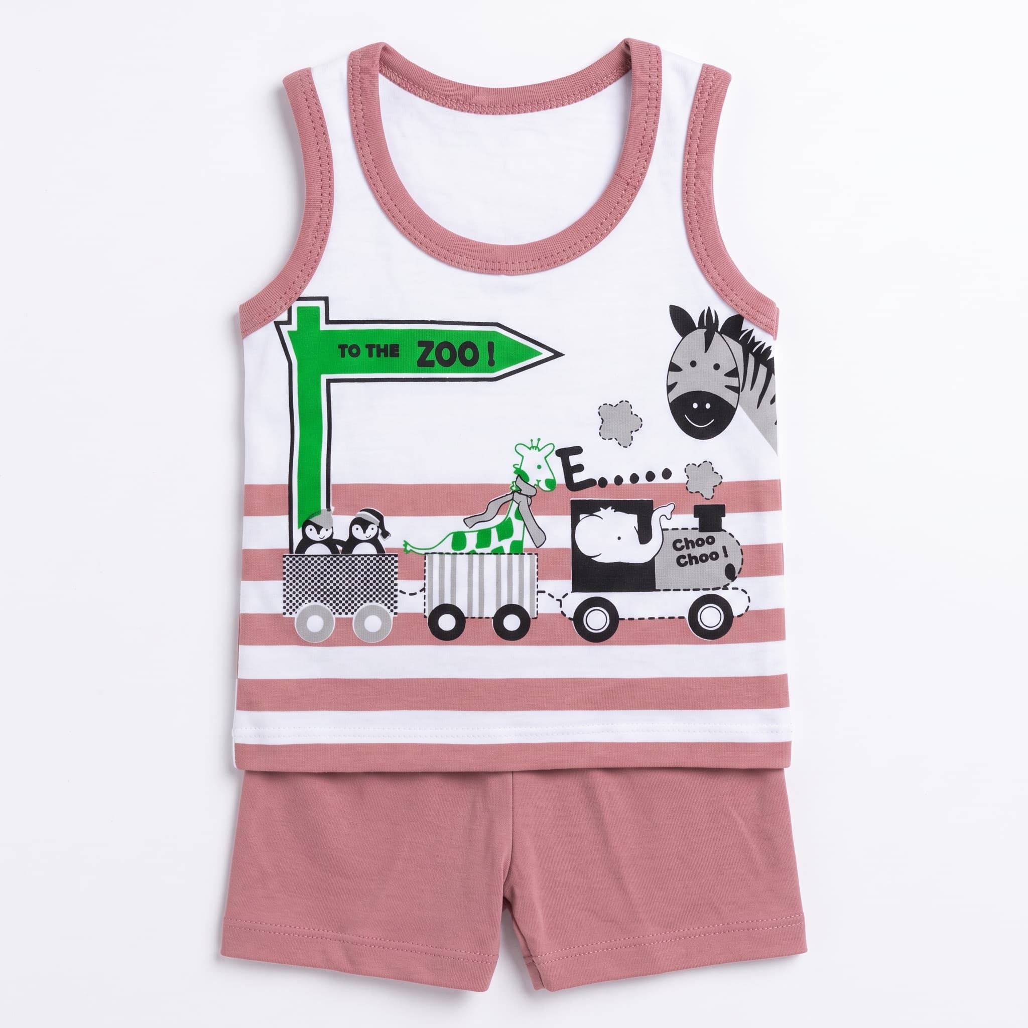 Baby Boy's Dusty Rose & White "To The Zoo" Train Print Vest Set – Sleeveless Cotton Two-Piece Infant Summer Outfit