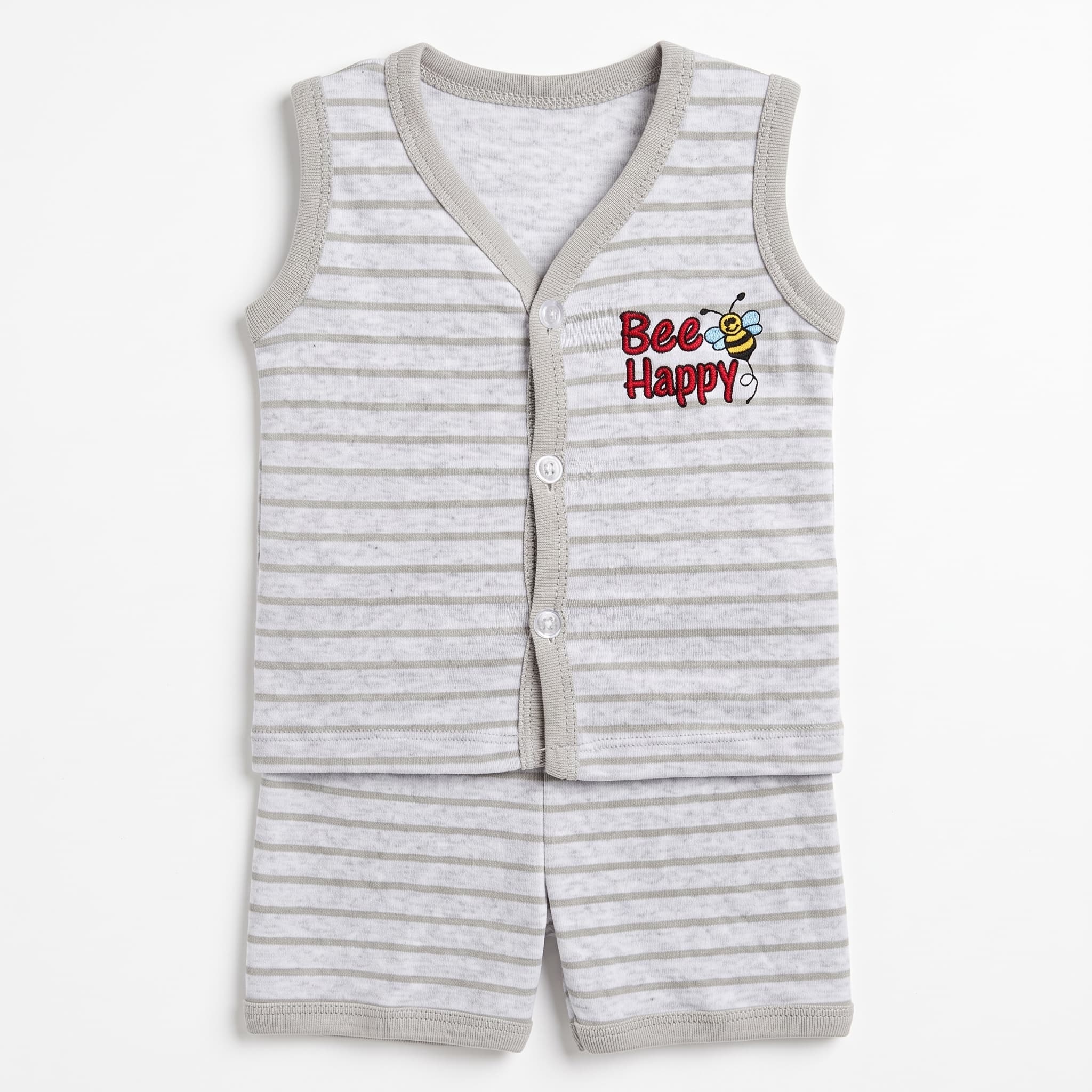 Baby's Grey & White Striped Vest Set – "Bee Happy" Cotton Sleeveless Two-Piece Summer Suit