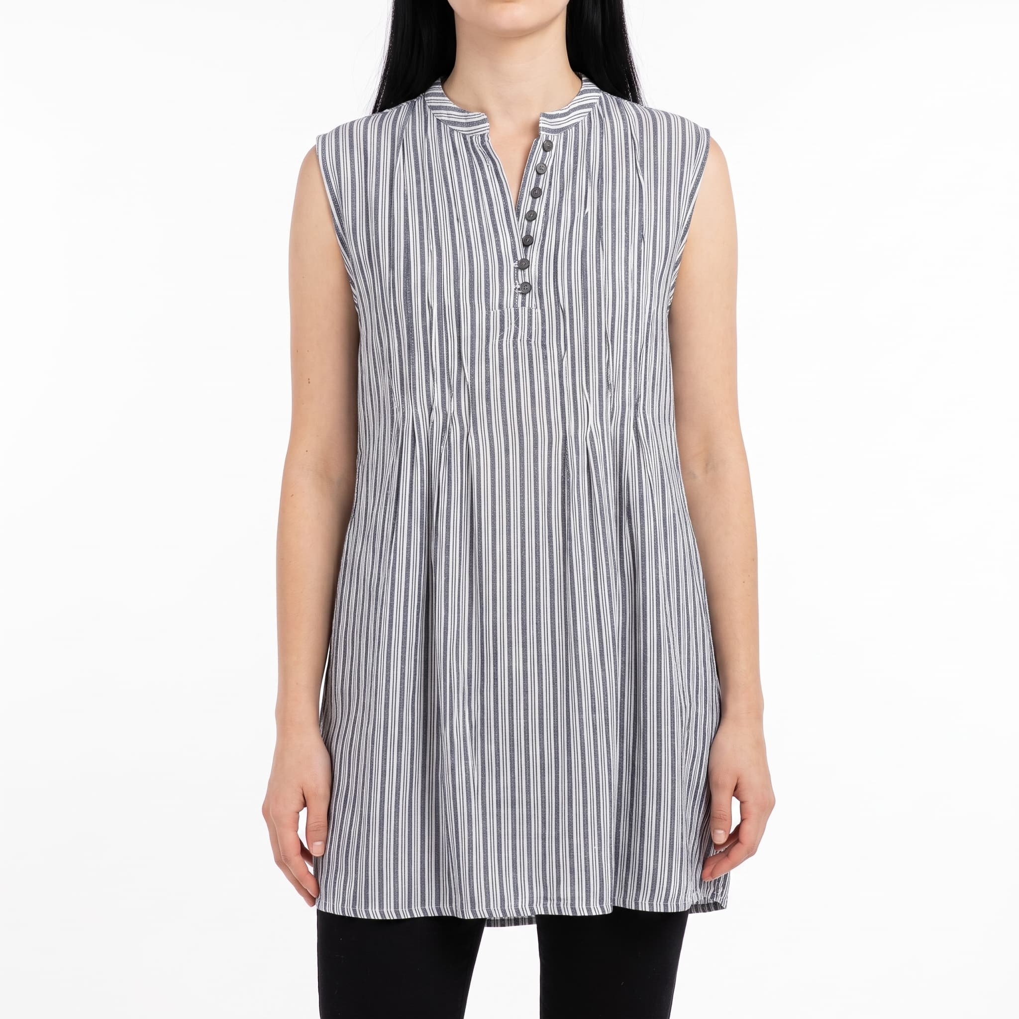 Women's Sleeveless Vertical Stripe Tunic Dress – Lightweight Linen-Blend Pleated Shift Top