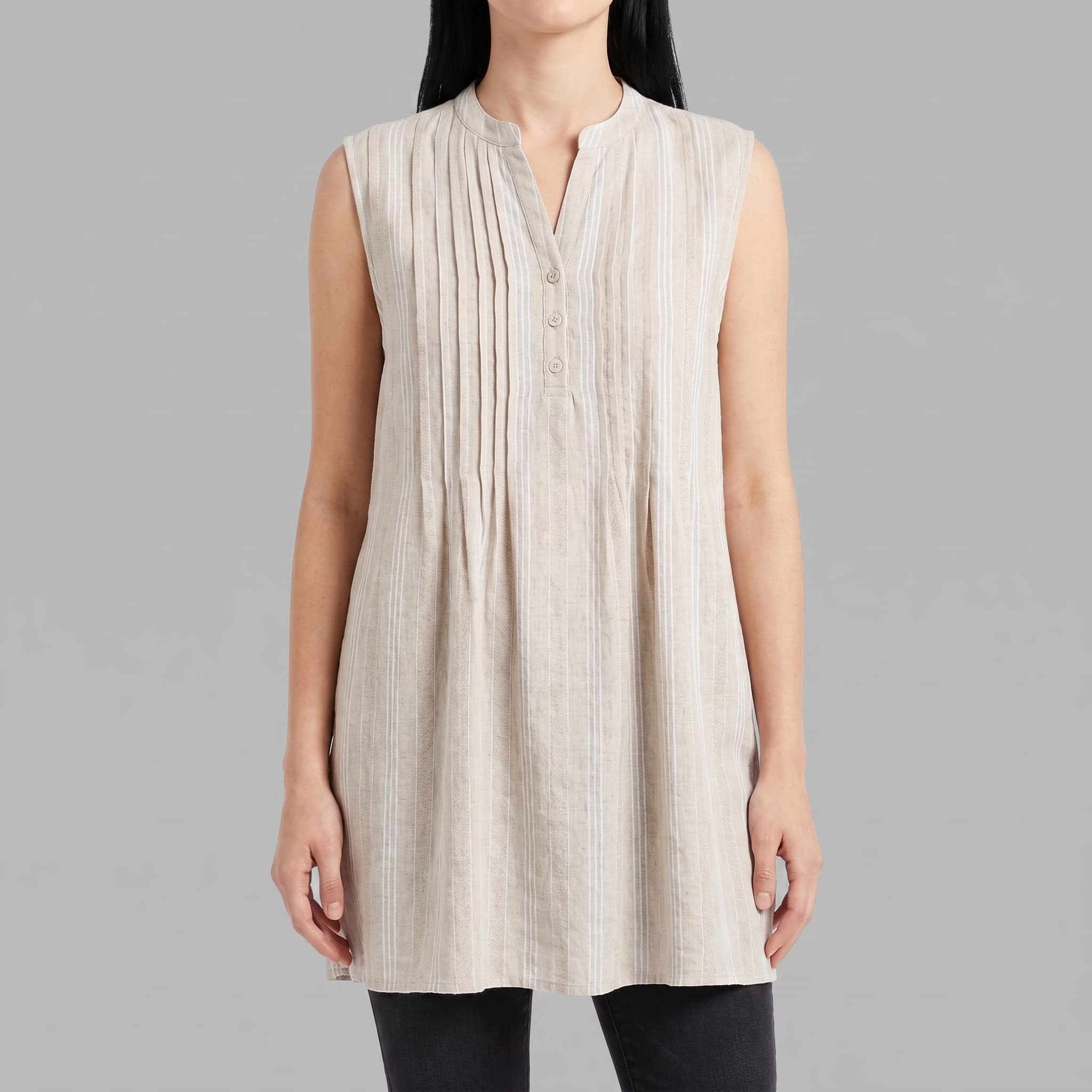 Women's Sleeveless Vertical Stripe Tunic Dress – Lightweight Linen-Blend Pleated Shift Top