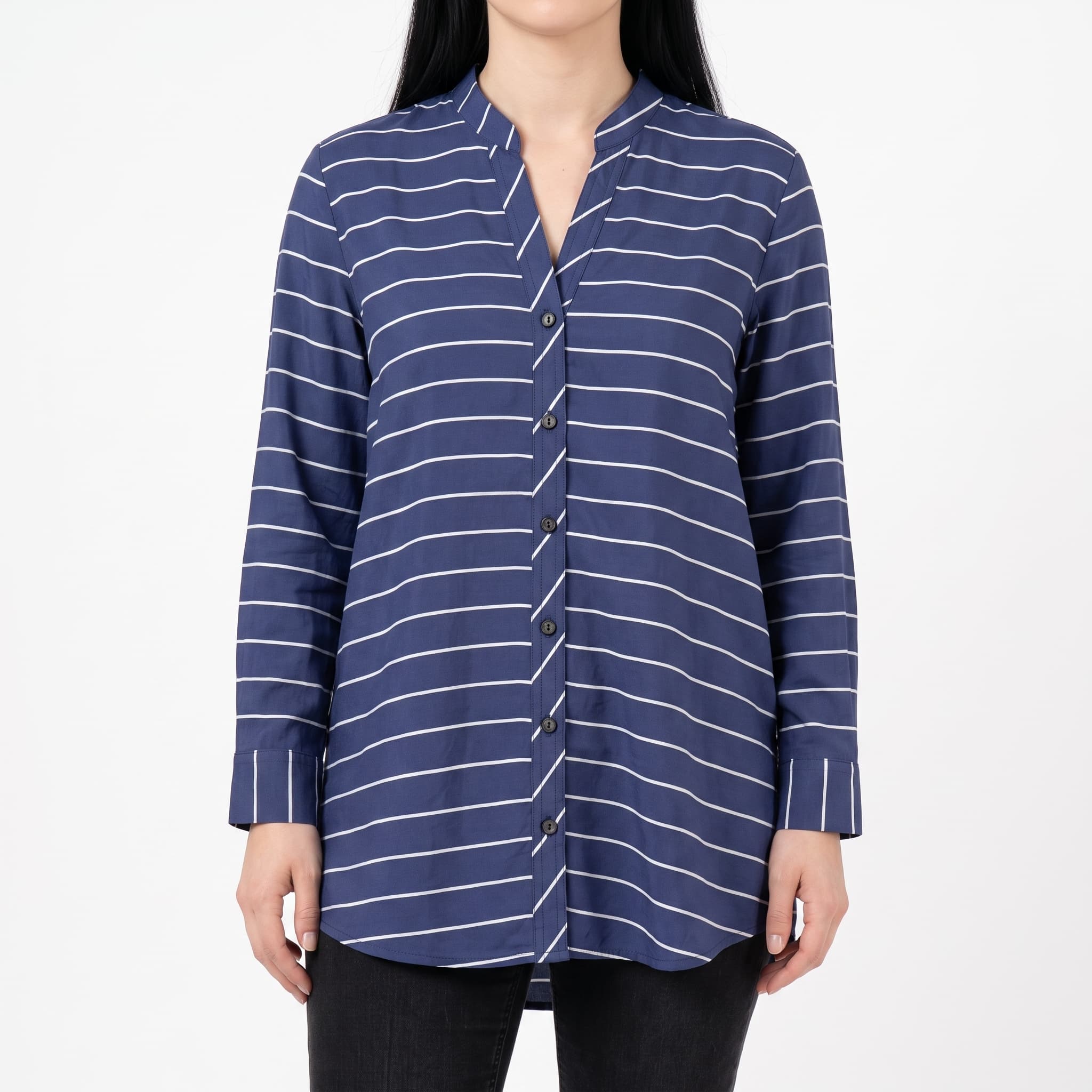 Women's Classic Indigo Blue Horizontal Stripe Tunic – Long Sleeve Mandarin Collar Popover Shirt
