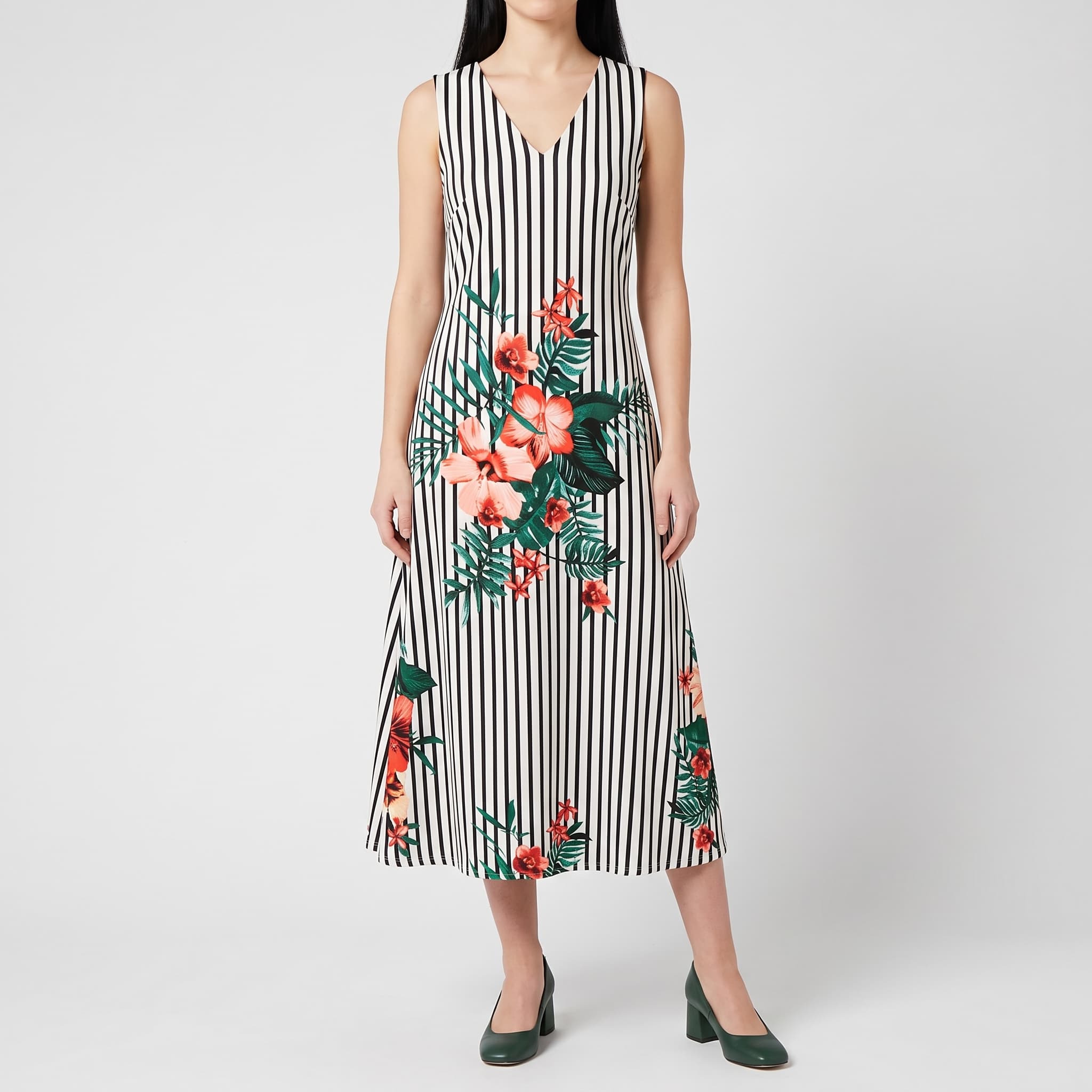 Women's Black & White Striped Floral A-Line Dress – Sleeveless V-Neck Midi Summer Sundress