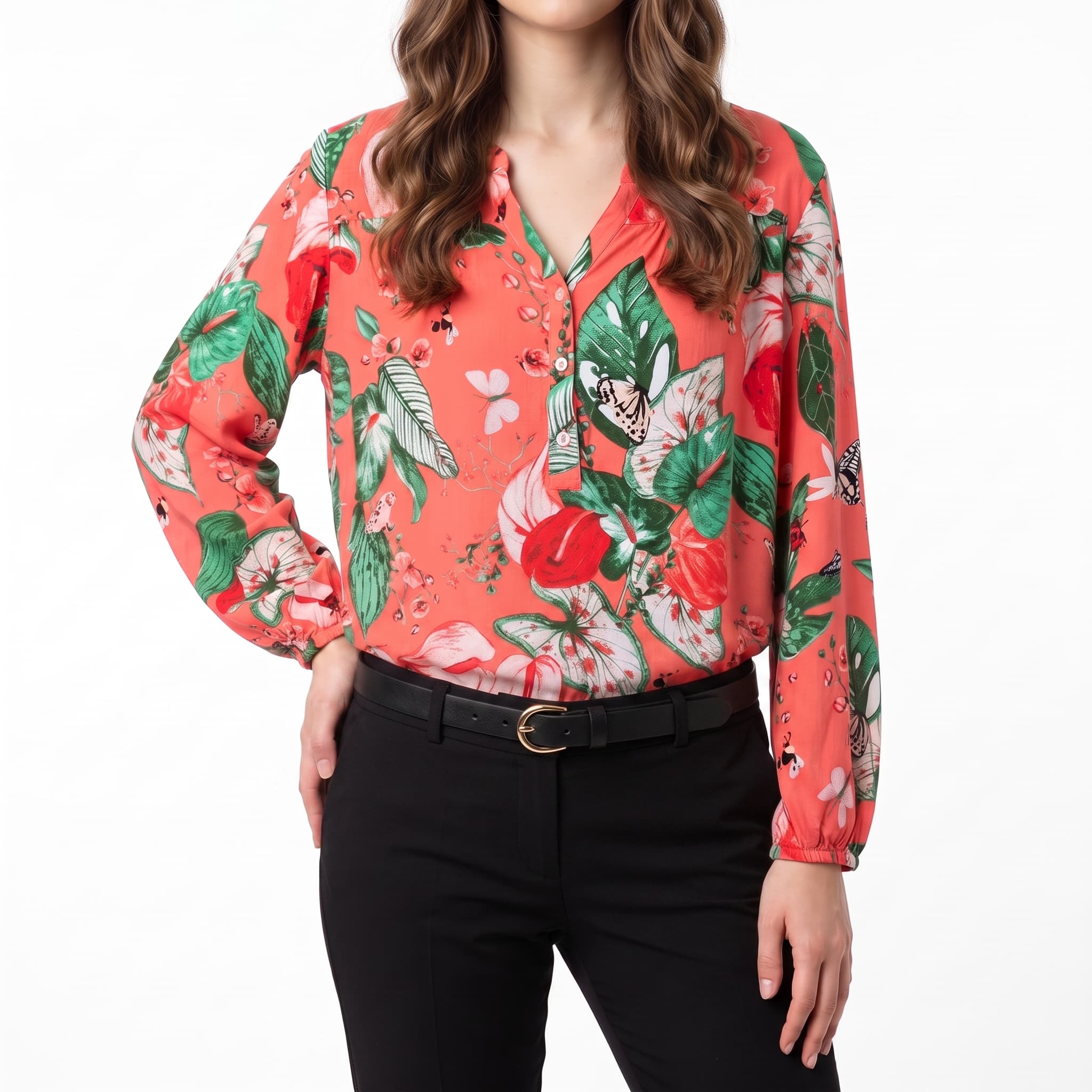 Women's Tropical Floral and Butterfly Print Henley Blouse – Long Sleeve Casual Tunic Top