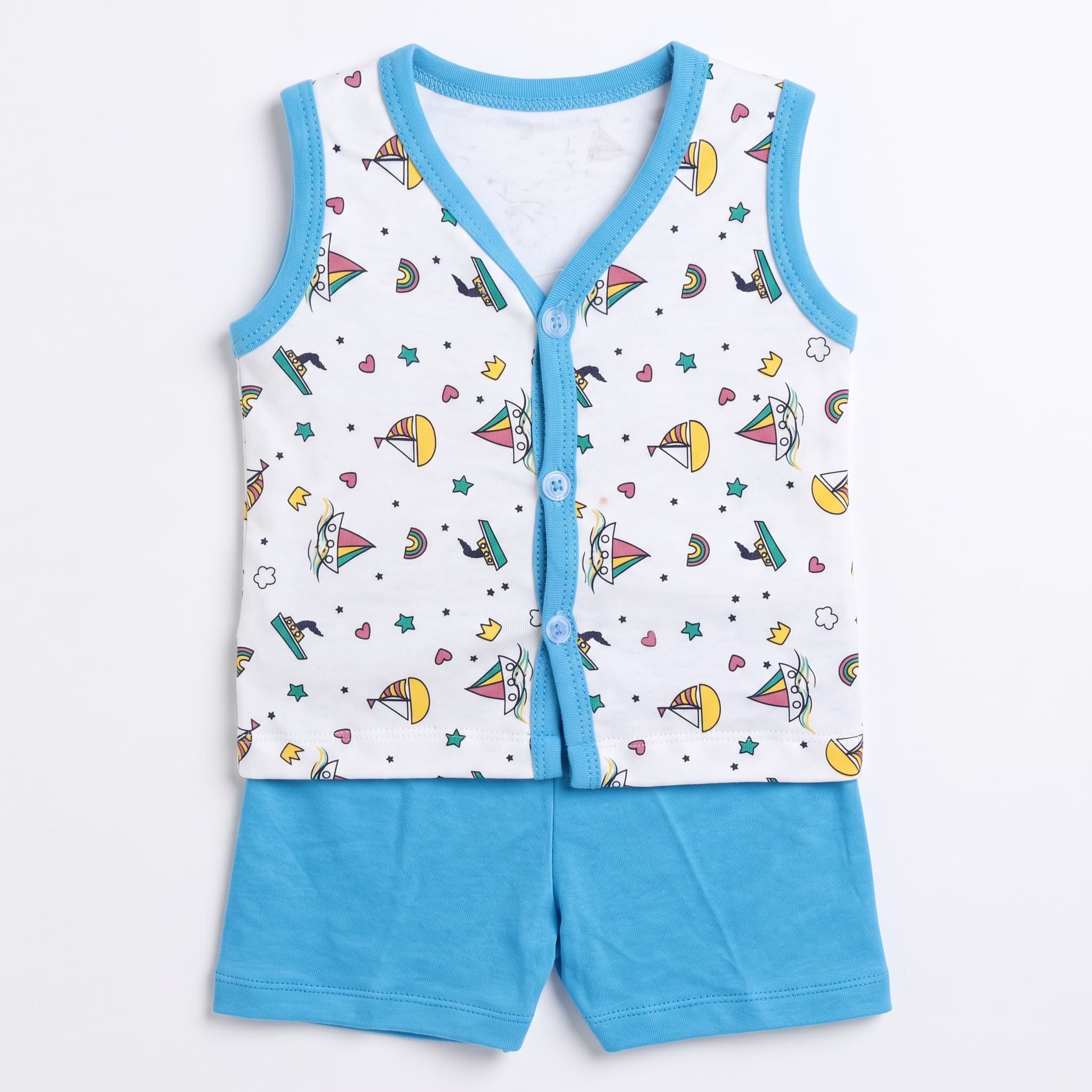 Baby Boy's Sky Blue & White Sailboat Print Vest Set – Sleeveless Cotton Two-Piece Infant Summer Outfit