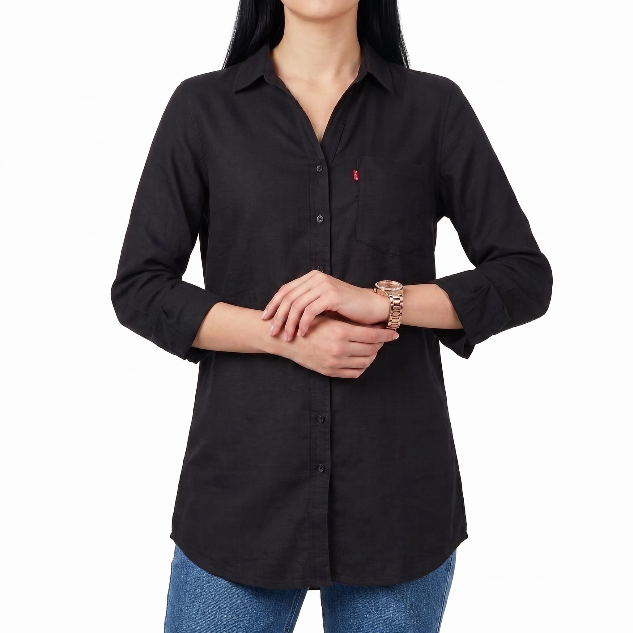 Women's Solid Carbon Black Utility Tunic – Long Sleeve Single Pocket Popover Shirt Dress
