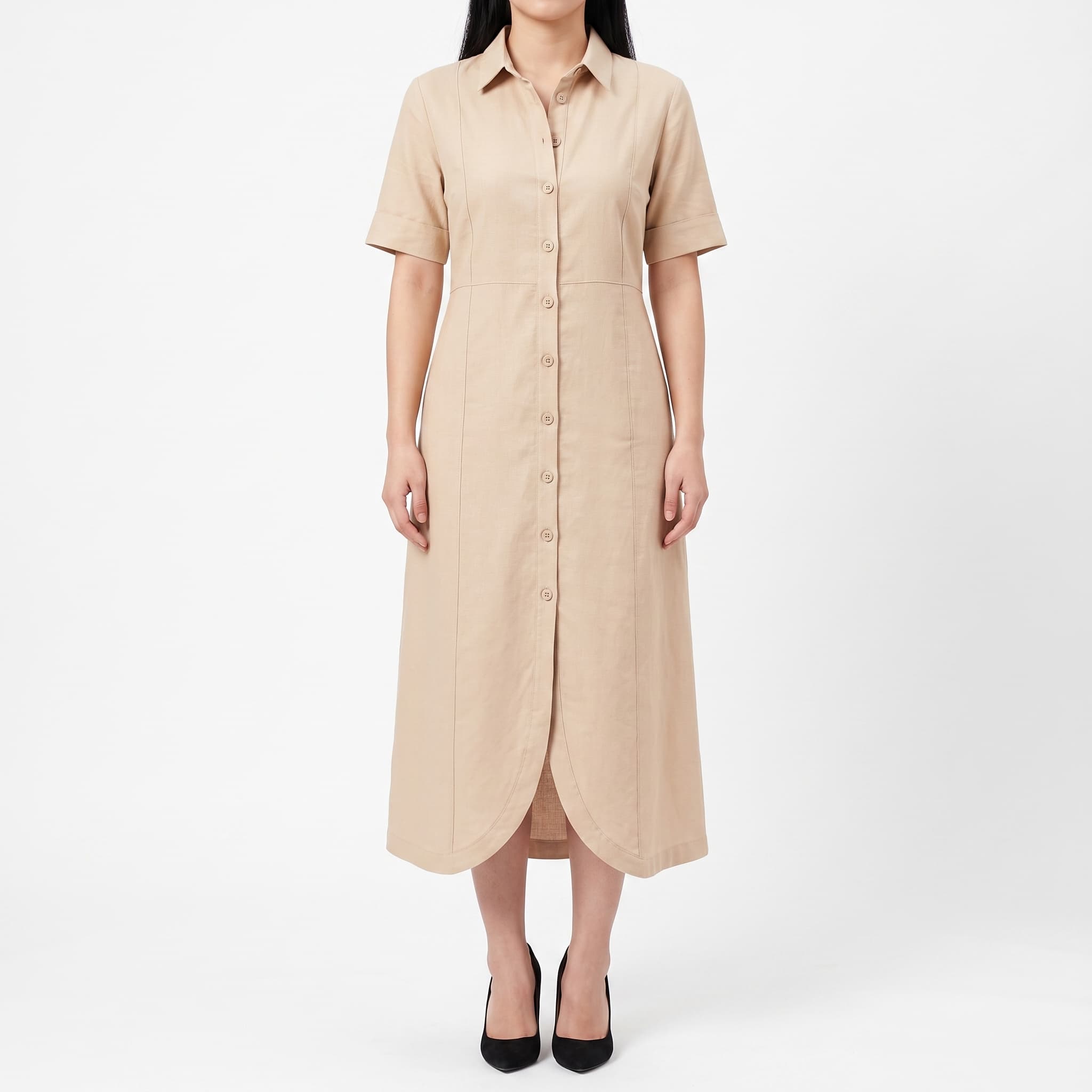 Women's Casual Champagne Beige Midi Shirt Dress – Short Sleeve Full Button-Down Panel Utility Tunic