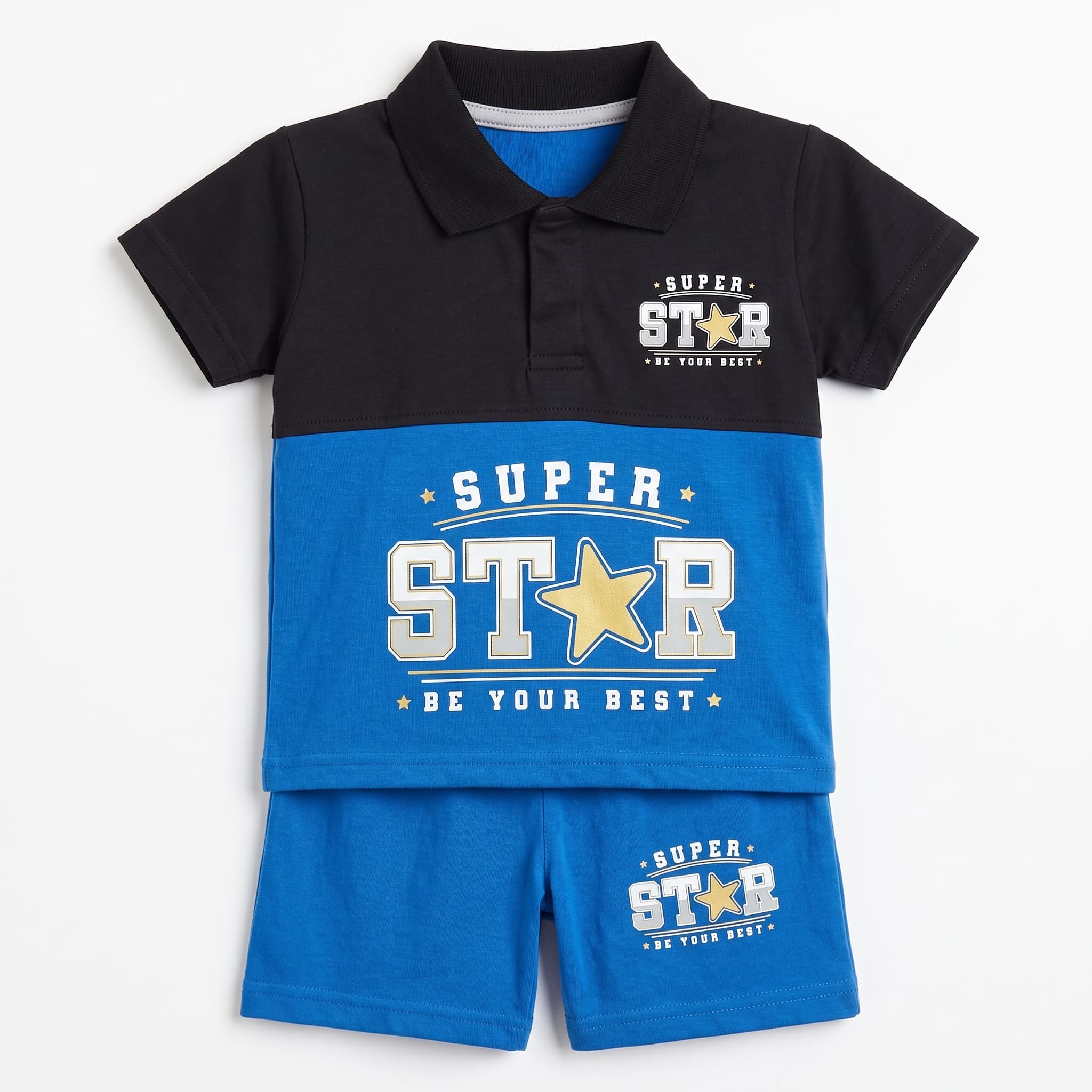 Baby Boy's Blue & Black "SUPER STAR" Polo Vest Set – Short Sleeve Cotton Two-Piece Infant Summer Outfit