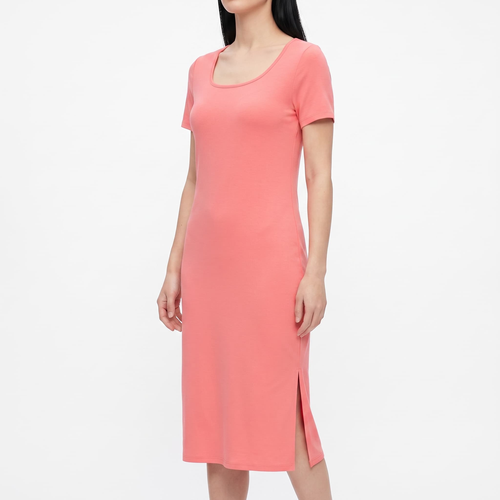 Women's Casual Solid T-Shirt Dress – Short-Sleeve Wide Scoop-Neck Midi Jersey Dress with Side Slit