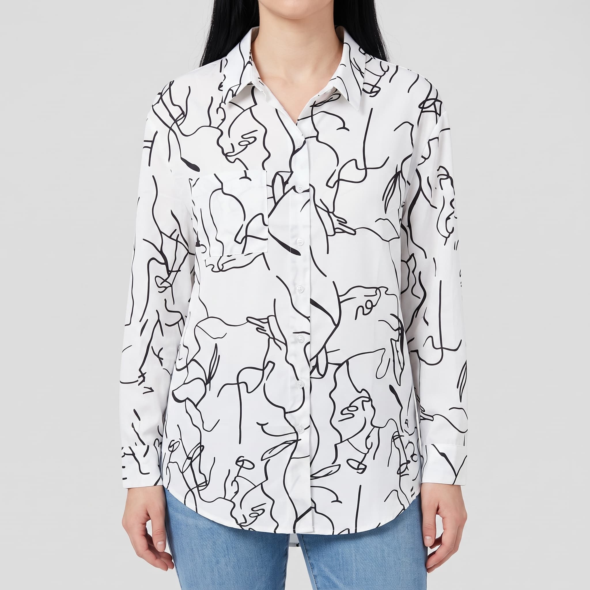 Women's Abstract Face Line Art Button-Down Shirt – Long Sleeve Collared Blouse with Chest Pocket