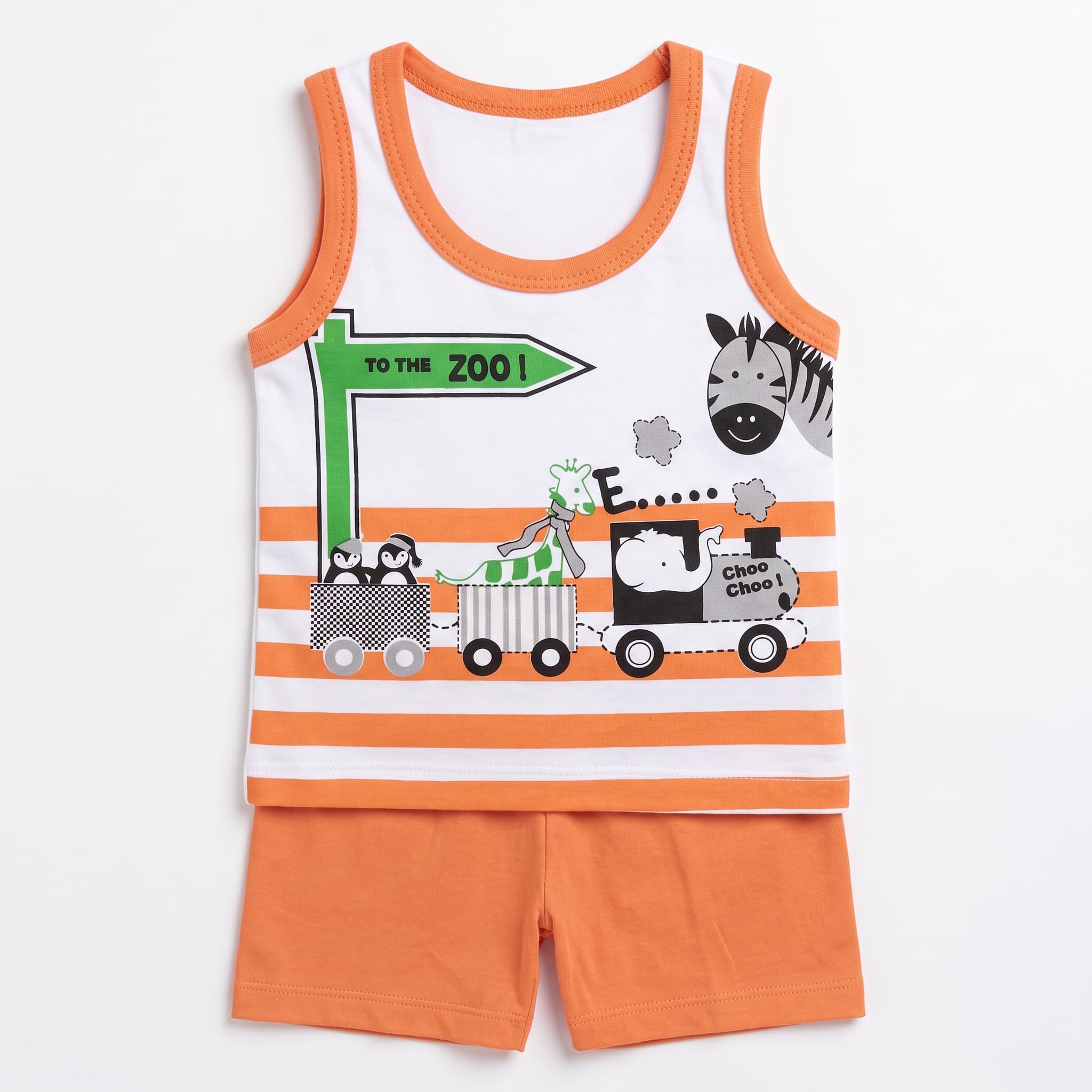 Baby Boy's Orange & White "To The Zoo" Train Print Vest Set – Sleeveless Cotton Two-Piece Infant Summer Outfit