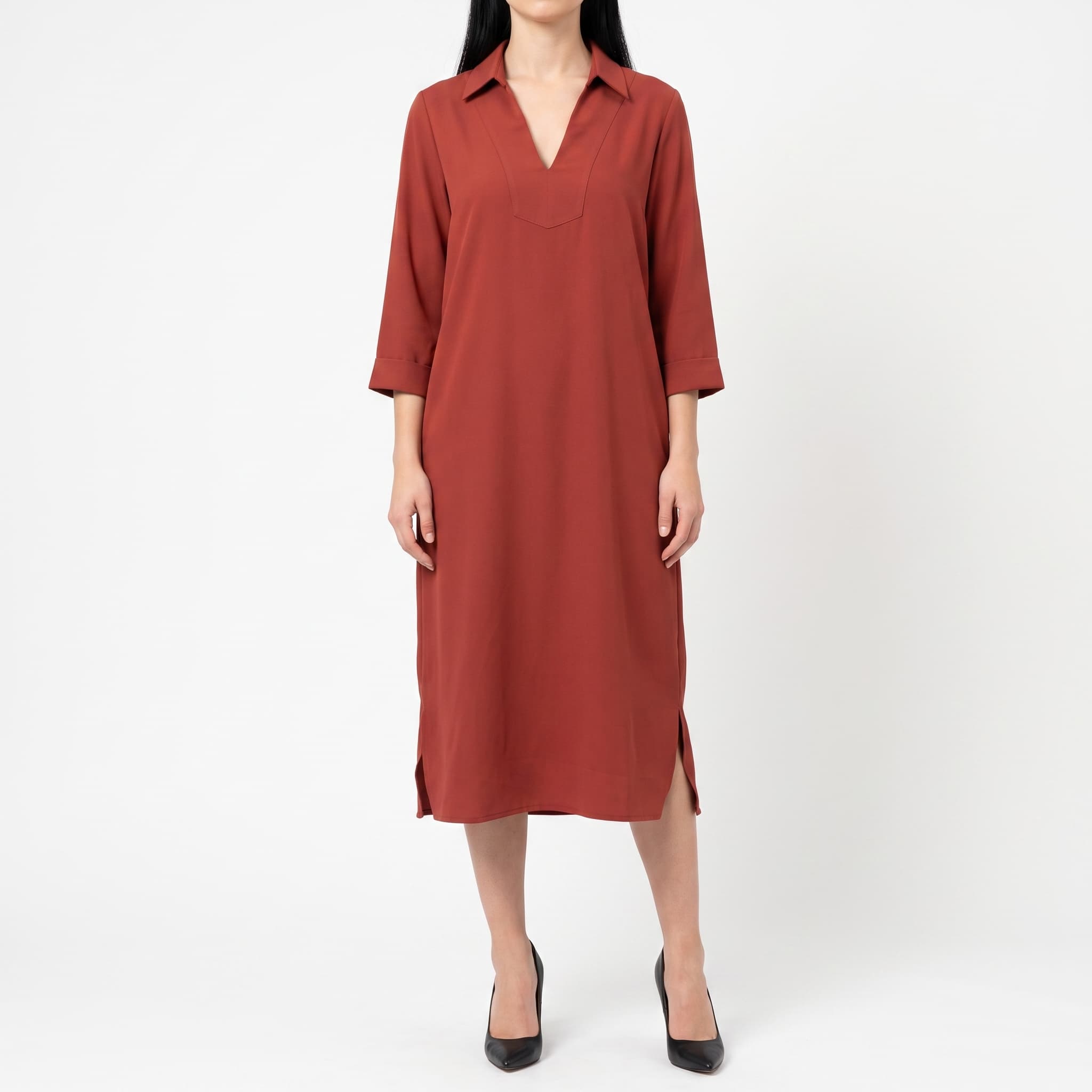 Women's Terracotta Red V-Neck Tunic Shift Dress – 3/4 Sleeve Relaxed Fit Midi Dress with Collar