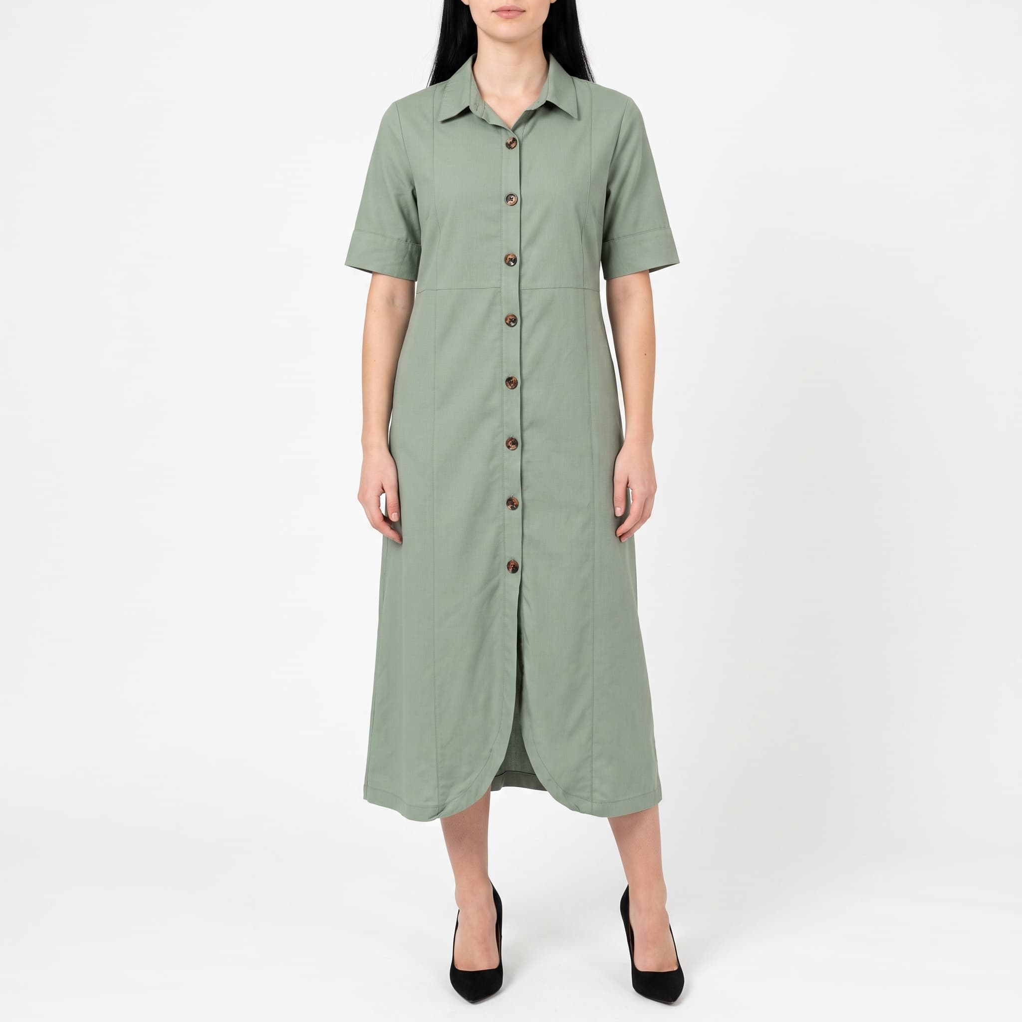 Women's Casual Sage Green Midi Shirt Dress – Short Sleeve Full Button-Down Panel Utility Tunic