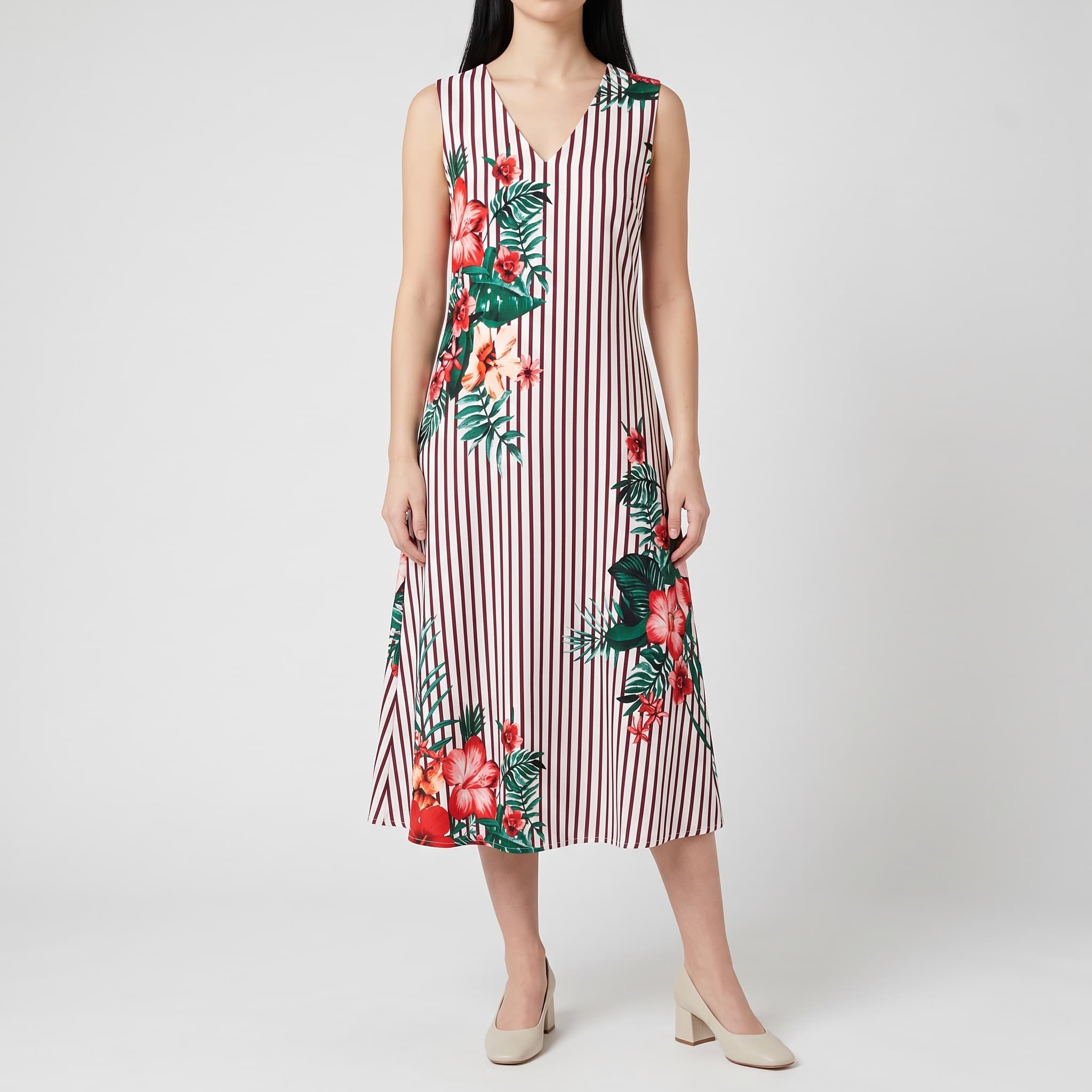 Women's Black & White Striped Floral A-Line Dress – Sleeveless V-Neck Midi Summer Sundress