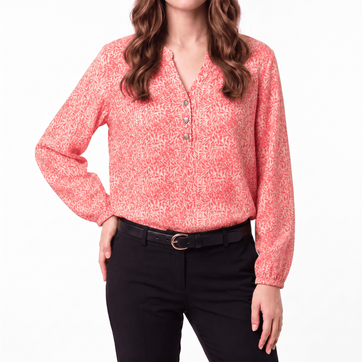 Women's Coral Pink Abstract Leaf Print Henley Blouse – Long Sleeve Casual Tunic Top