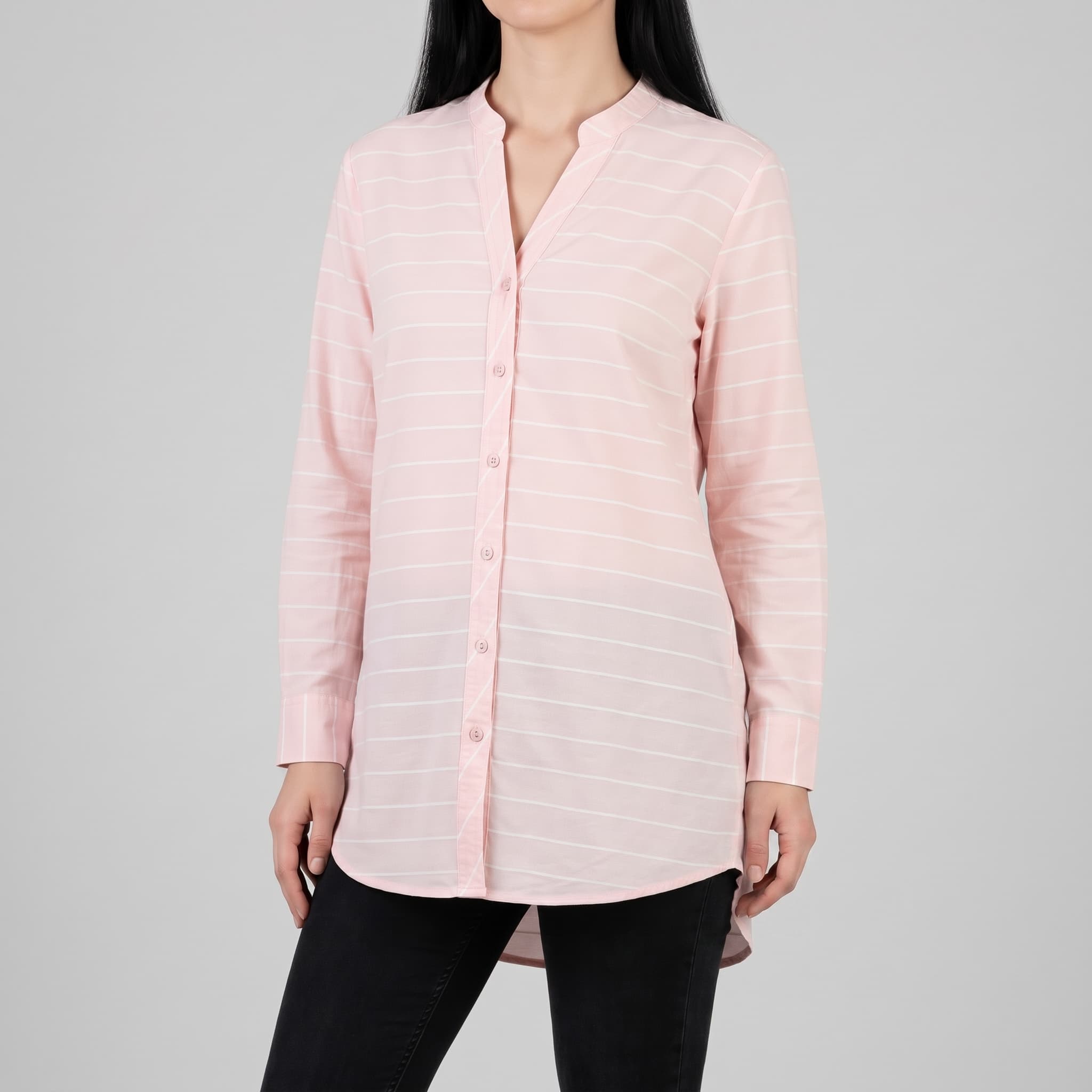 Women's Pastel Pink Horizontal Stripe Tunic – Long Sleeve Mandarin Collar Popover Shirt