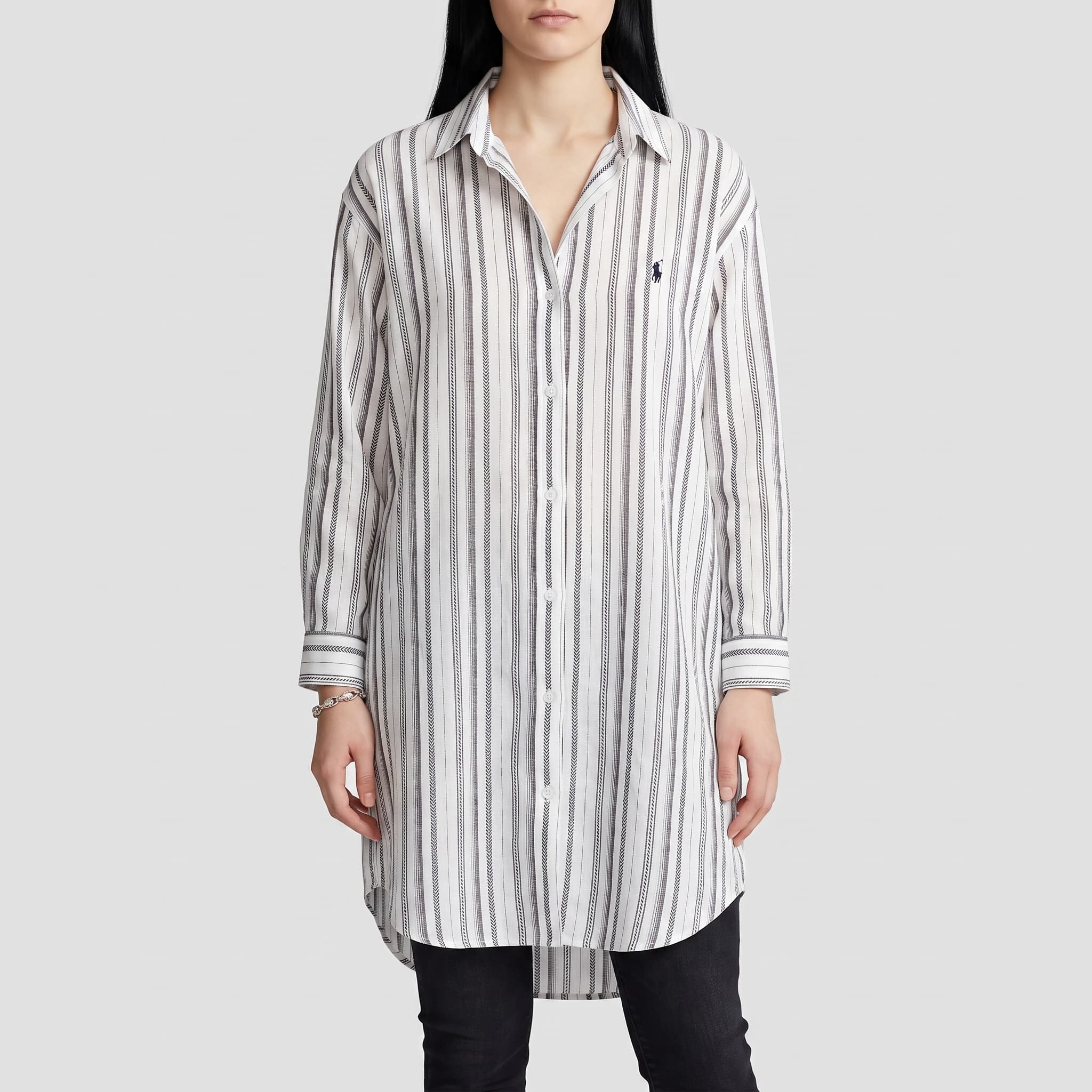 Women's Classic Long-Sleeve Charcoal Striped Shirt Dress – Casual Midi Length Button-Up Tunic