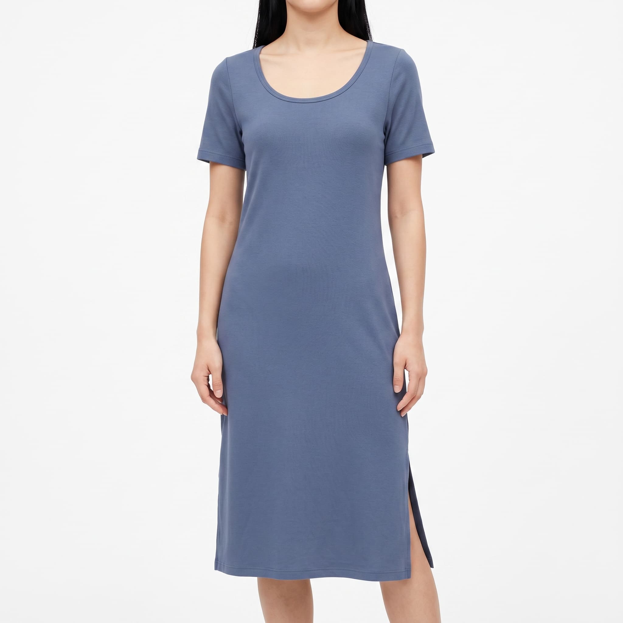 Women's Casual Solid T-Shirt Dress – Short-Sleeve Wide Scoop-Neck Midi Jersey Dress with Side Slit