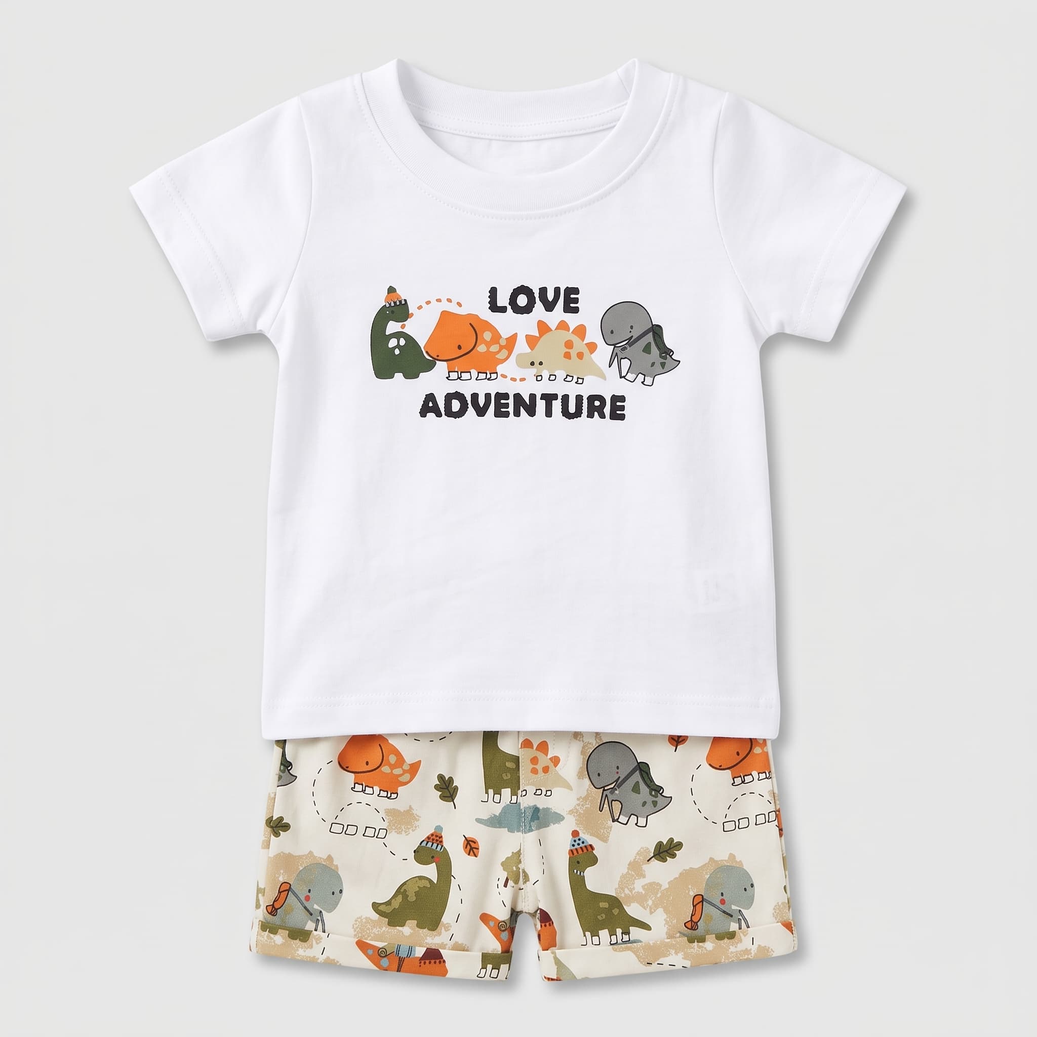Baby Boy's White & Beige "Love Adventure" Dinosaur Print Vest Set – Short Sleeve Cotton Two-Piece Infant Summer Outfit