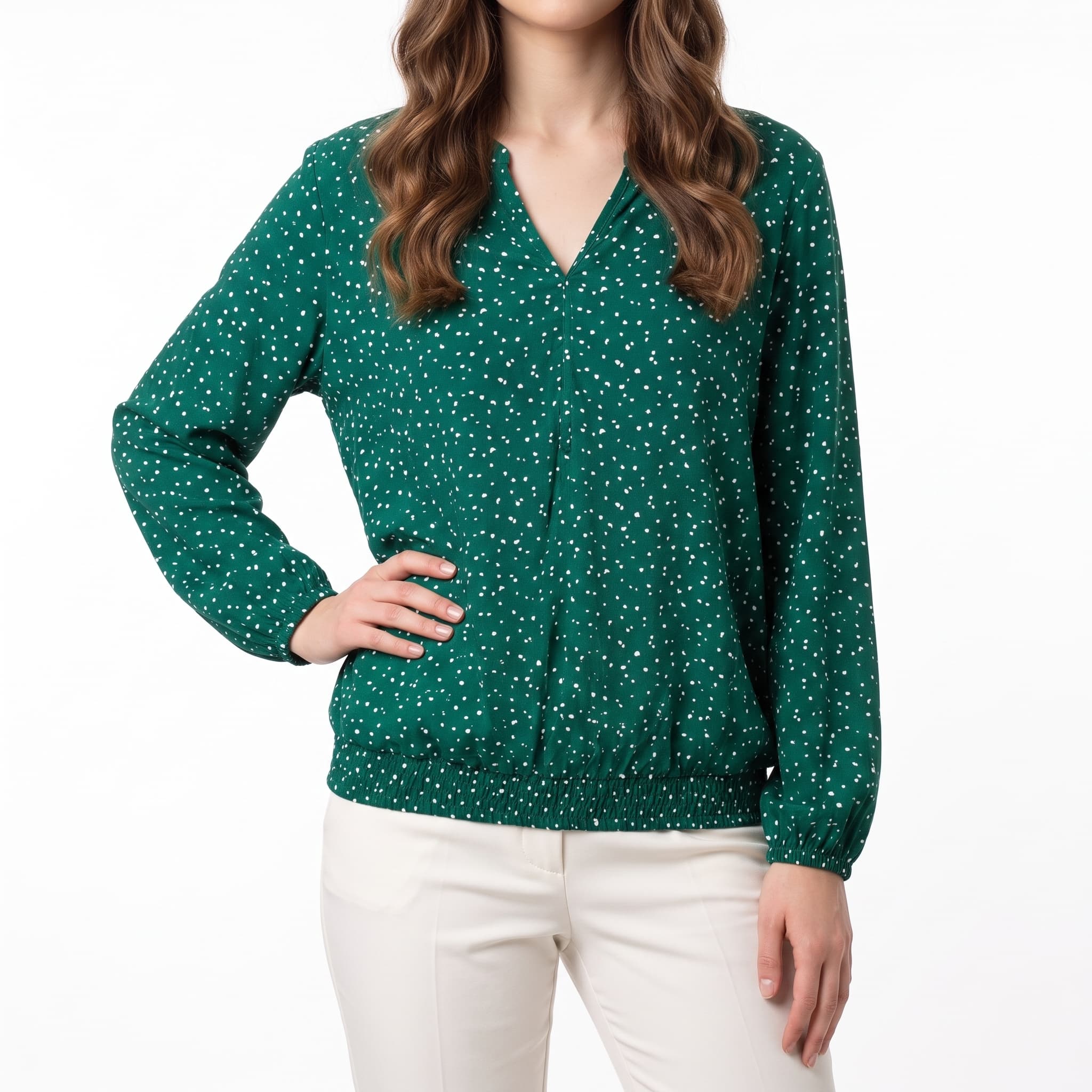 Women's Emerald Green Polka Dot Blouse – 3/4 Sleeve Casual Office Top