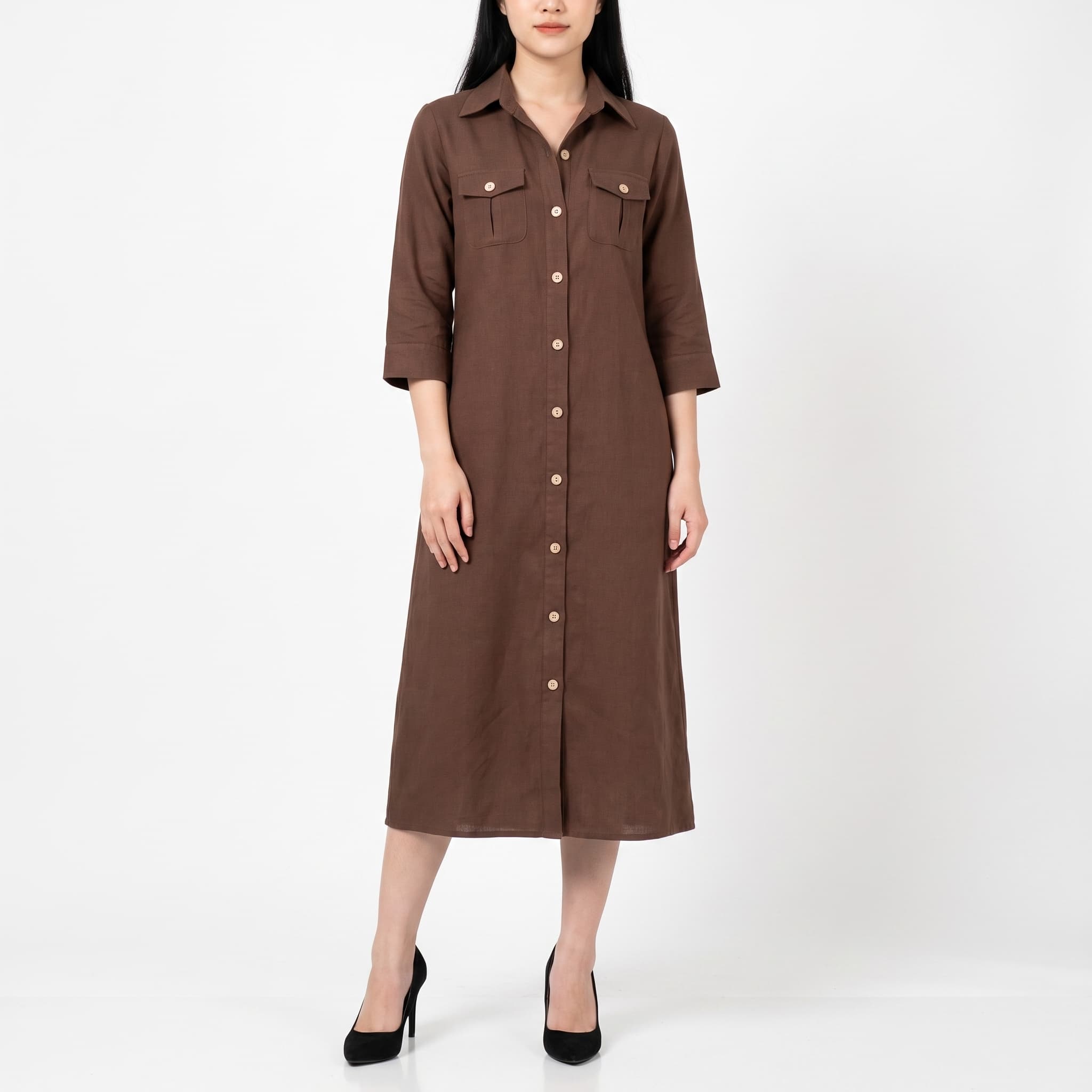 Women's 3/4 Sleeve A-Line Linen Shirt Dress – Utility Chest Pockets Front Button-Down Midi Dress