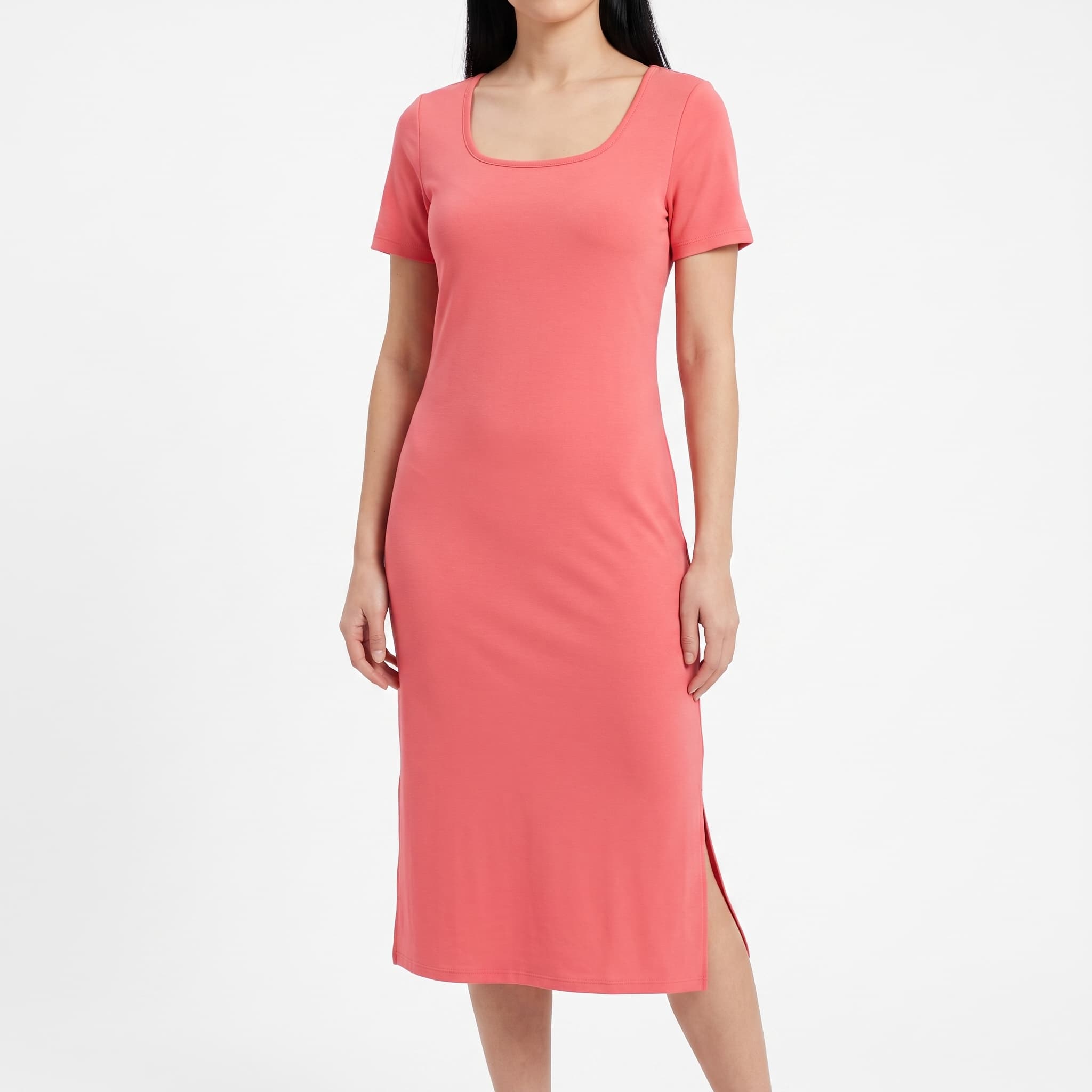 Women's Casual Solid T-Shirt Dress – Short-Sleeve Wide Scoop-Neck Midi Jersey Dress with Side Slit