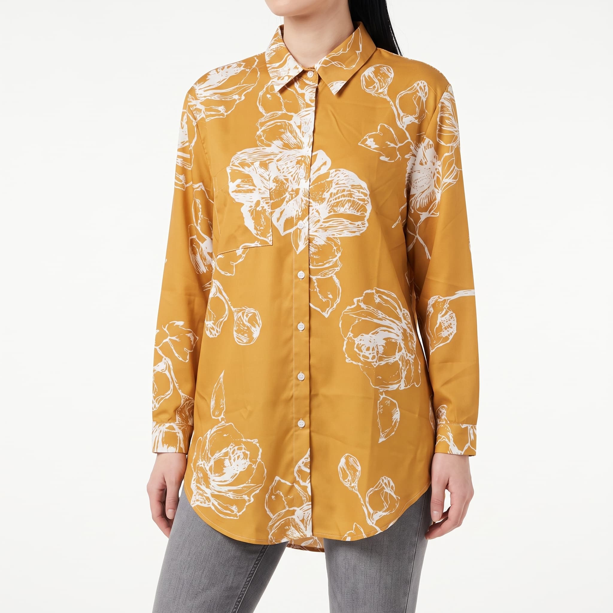 Women's Mustard Yellow & White Floral Sketch Shirt – Long Sleeve Button-Down Tunic Blouse