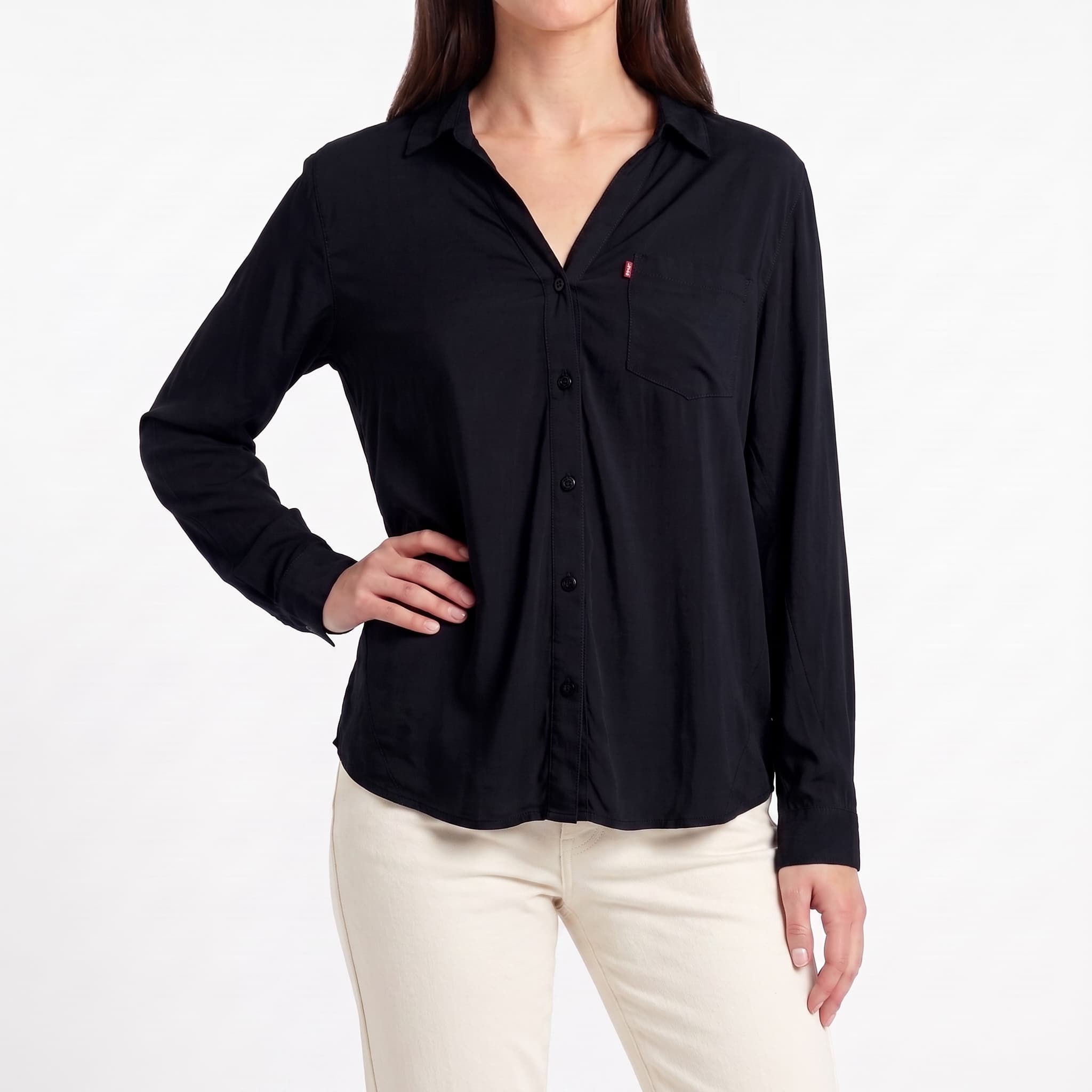 Women's Solid Jet Black Popover Shirt – Lightweight Long Sleeve Single Pocket Blouse